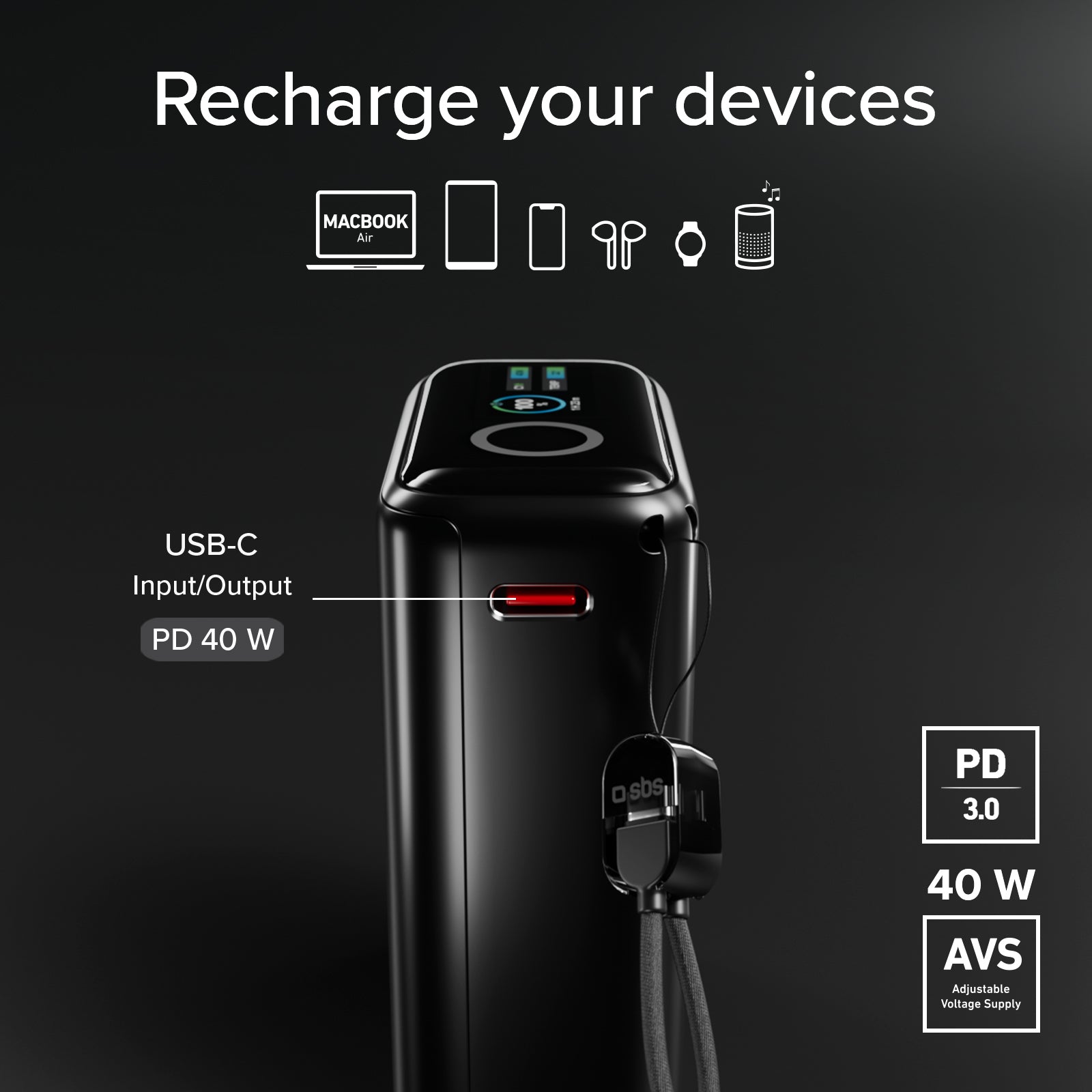 Batería externa 10000 mAh 40 W Power Delivery y AVS, con cable USB-C incluido y pantalla inteligente