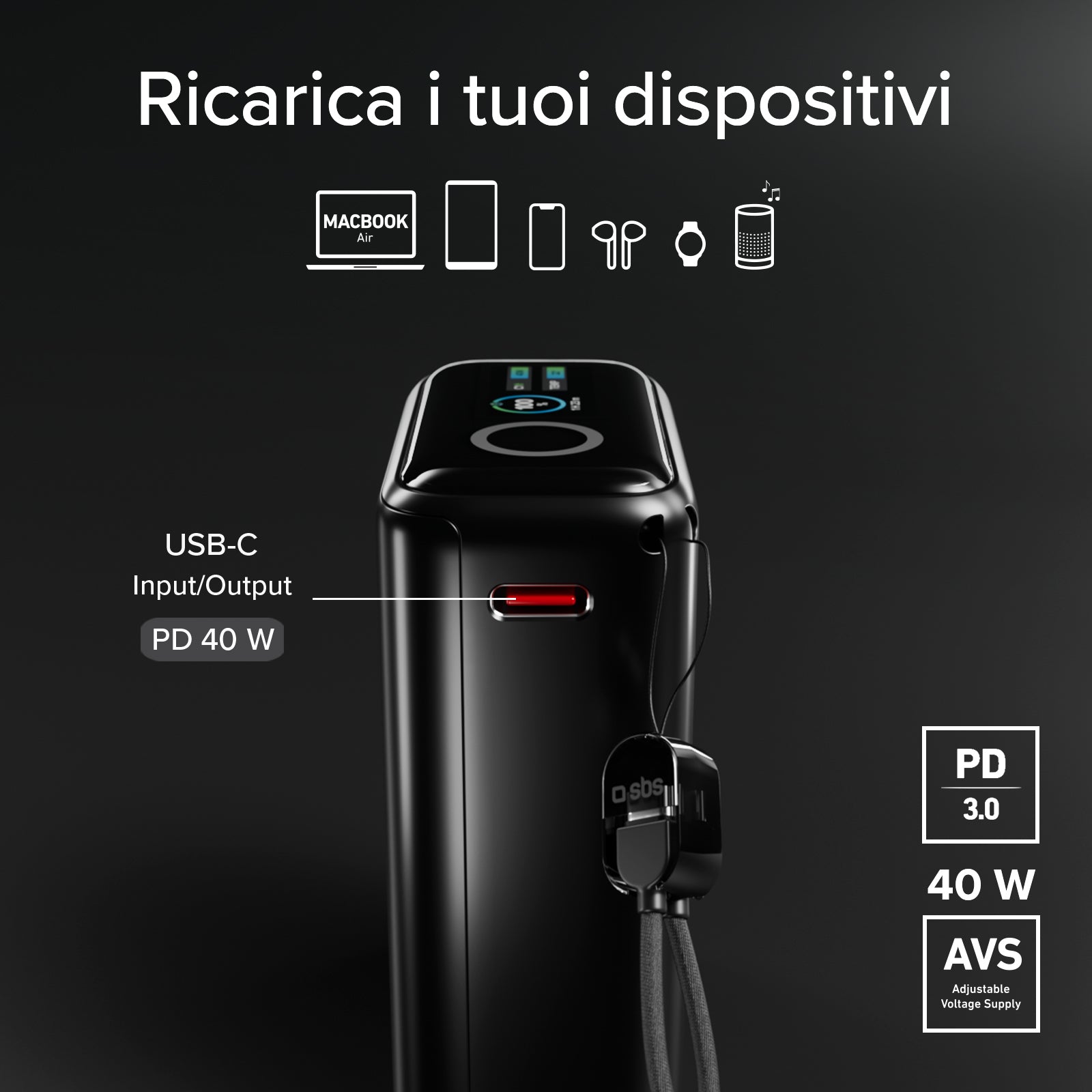 Batería externa 10000 mAh 40 W Power Delivery y AVS, con cable USB-C incluido y pantalla inteligente