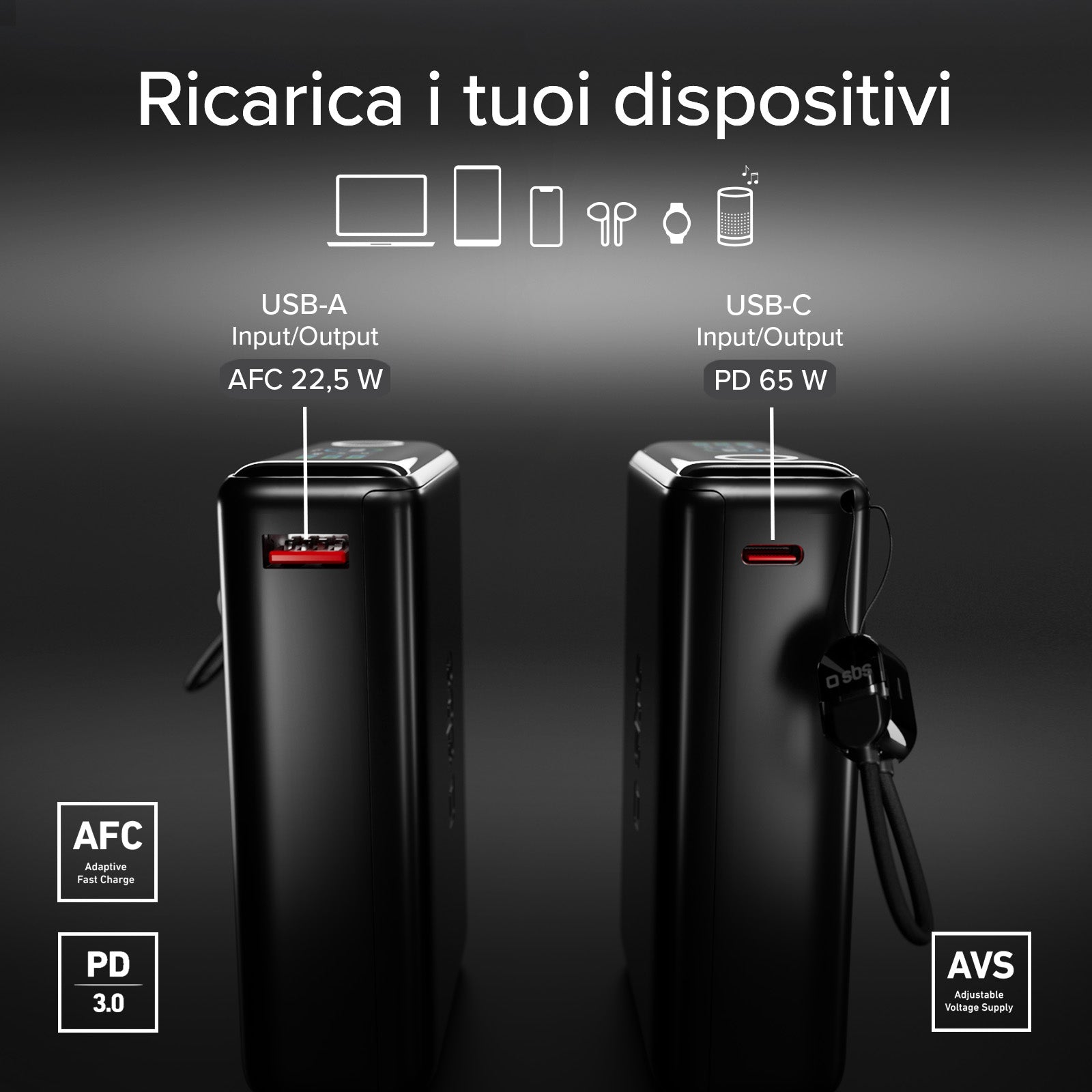 Power Bank 20000mAh con cable incluido y pantalla LCD