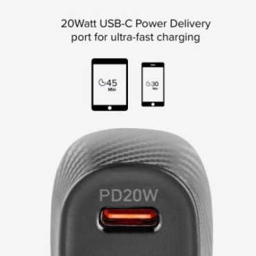 Ultra-fast charging car charger, 1 USB-C 20W and 1 USB 18W port
