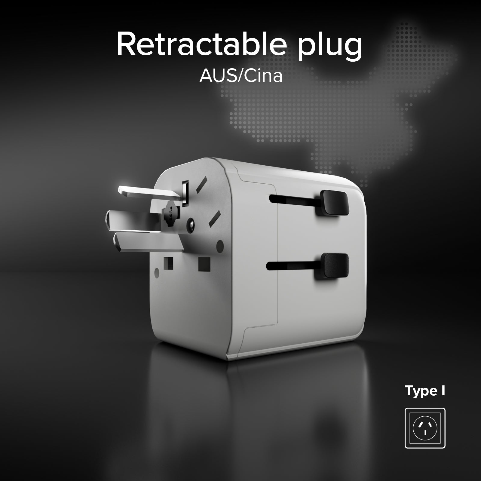 2500 W universal adapter with international plugs for the United Kingdom, the Americas and Asia