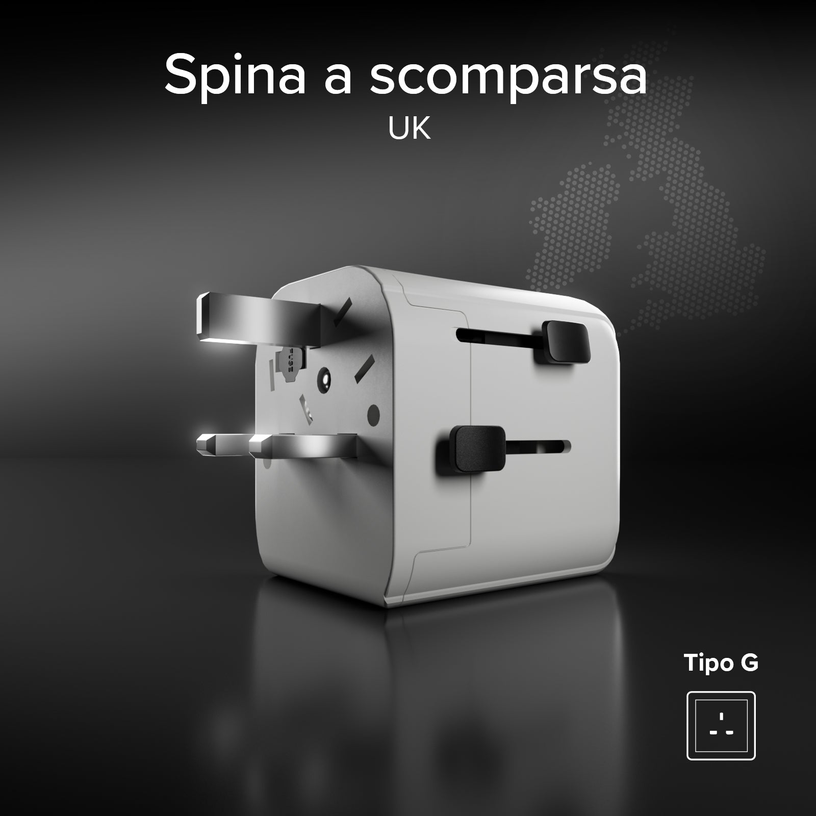 2500 W universal adapter with international plugs for the United Kingdom, the Americas and Asia