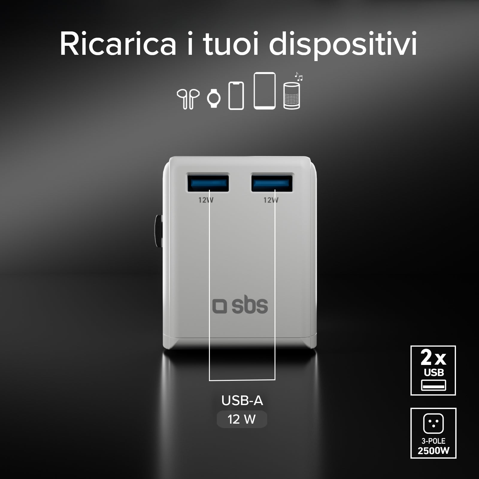 2500 W universal adapter with international plugs for the United Kingdom, the Americas and Asia