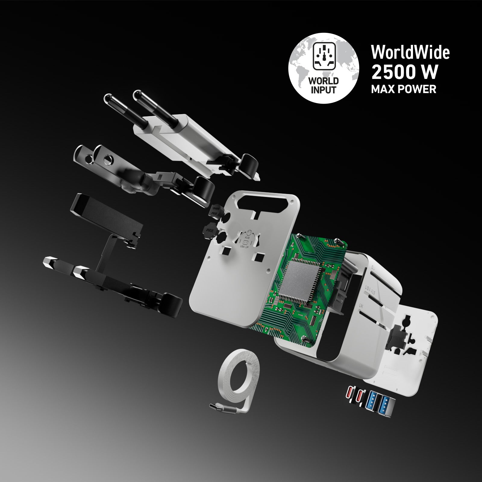 Universal travel adapter with built-in USB-C cable