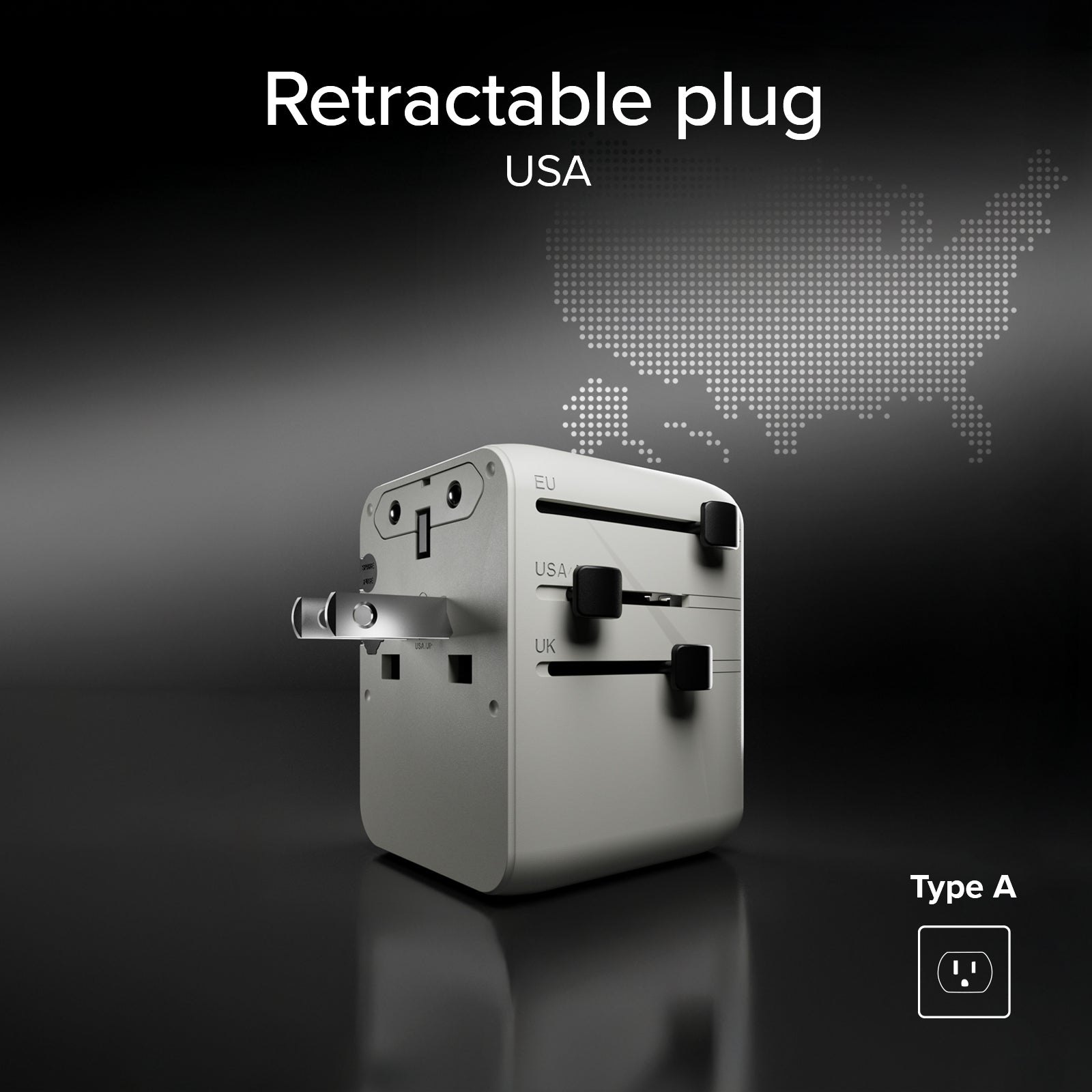 Universal travel adapter with built-in USB-C cable