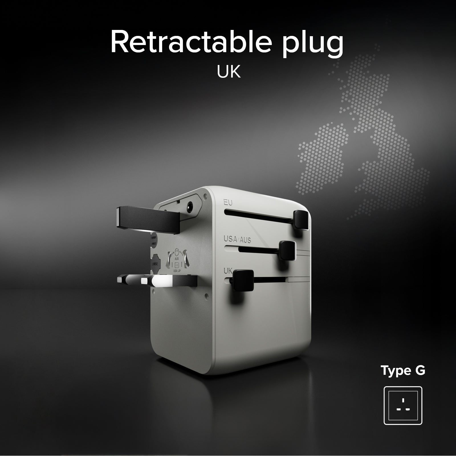 Universal travel adapter with built-in USB-C cable