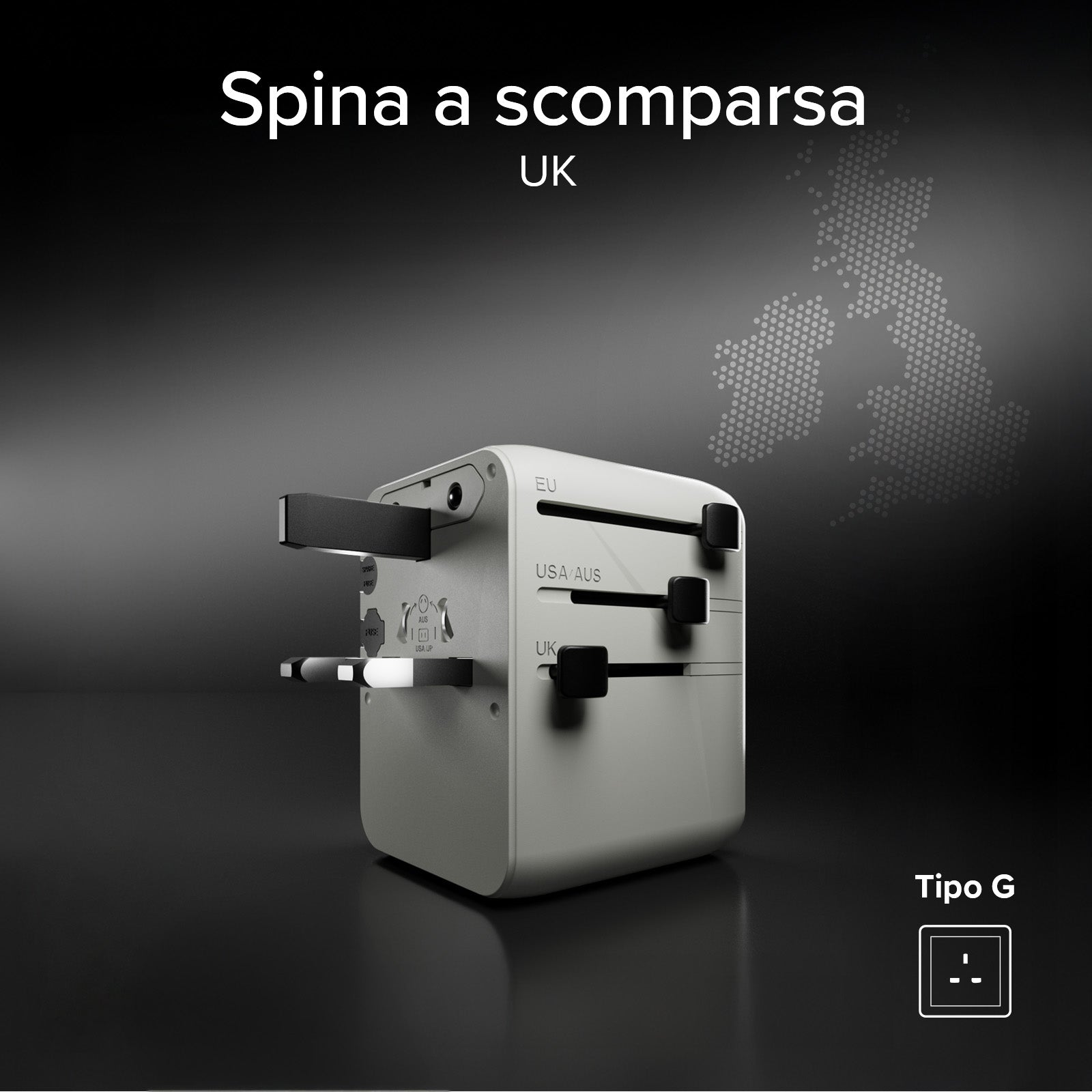 Universal travel adapter with built-in USB-C cable