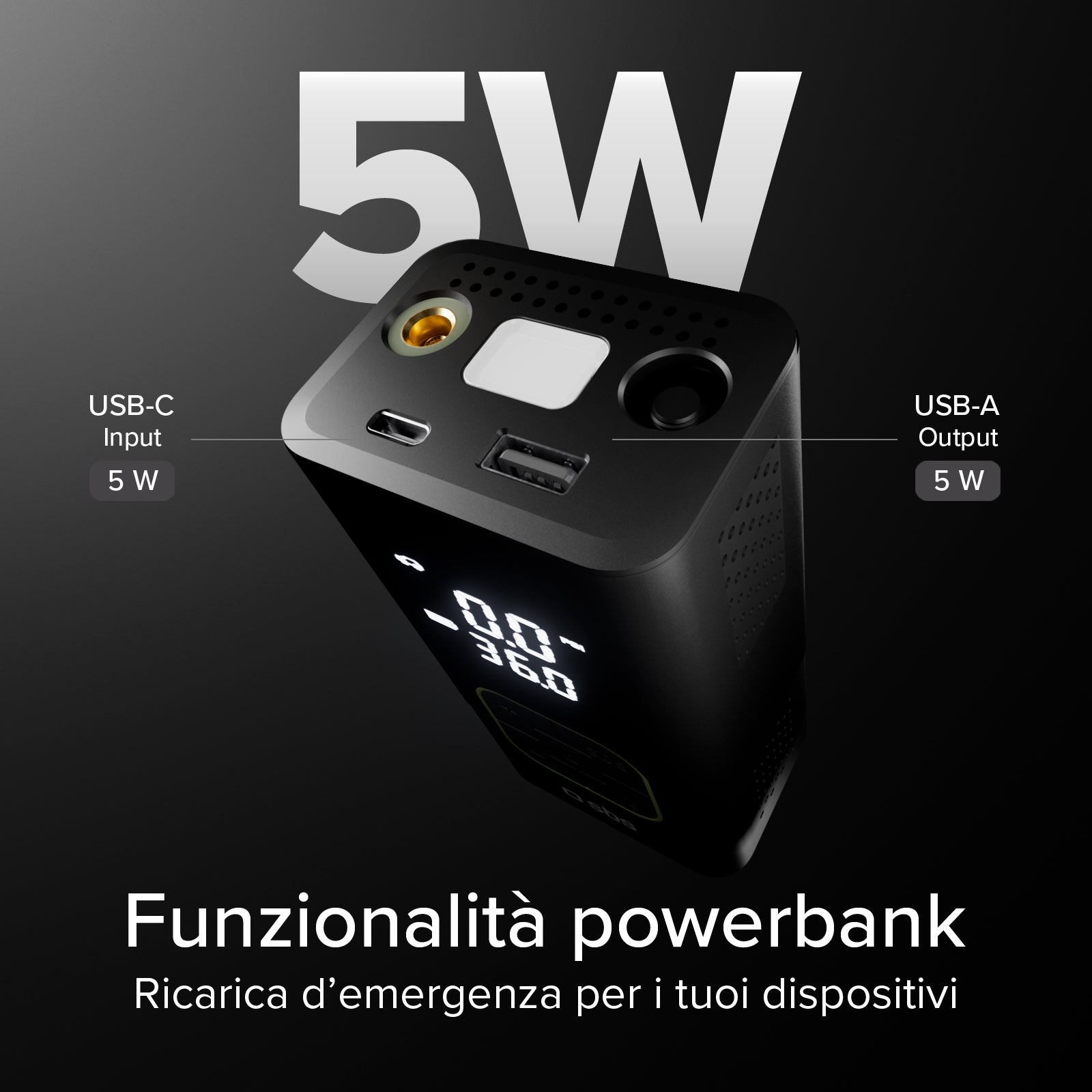 Compresor portátil con función batería externa 3600 mAh 5 W y linterna LED para emergencias en exteriores