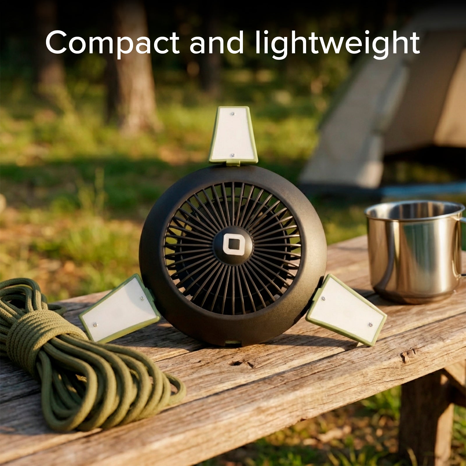 Ventilador con batería externa 4000 mAh, luz regulable y carga solar