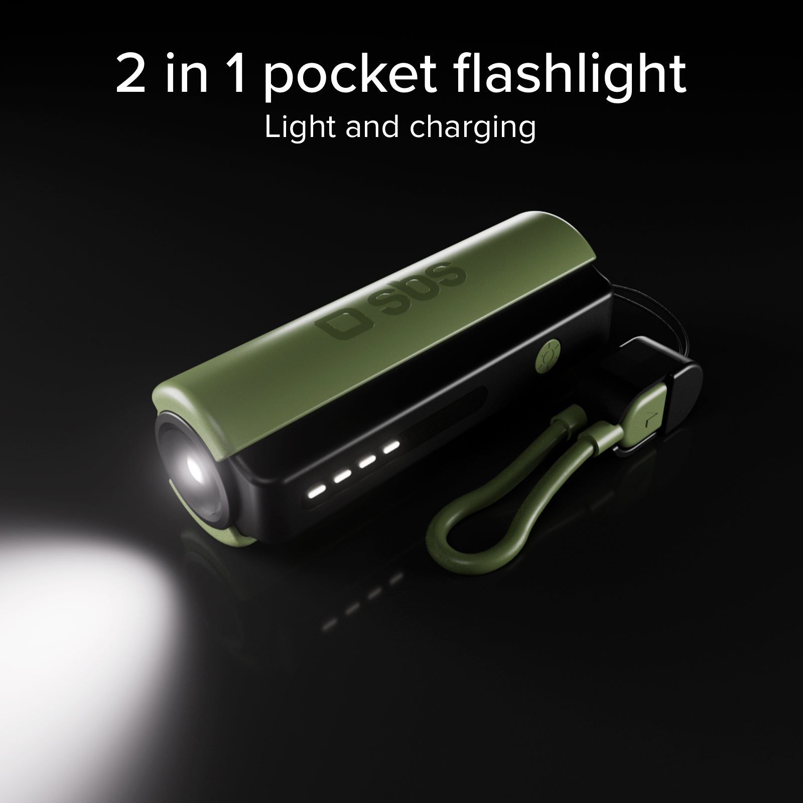 Compact 5000 mAh Power Bank with LED torch, 10 W USB-C port, USB-C cable included, ideal for camping and outdoor use