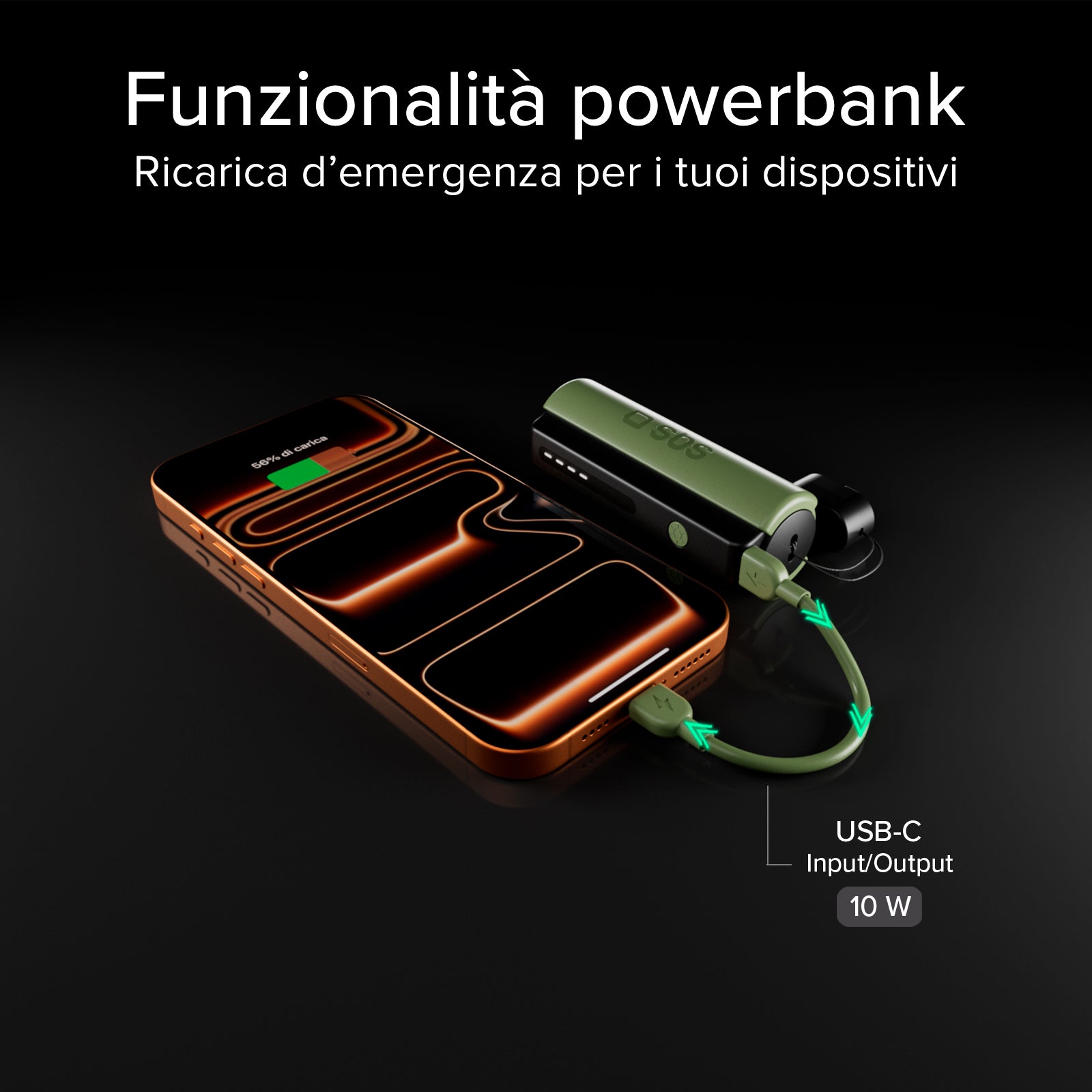 Compact 5000 mAh Power Bank with LED torch, 10 W USB-C port, USB-C cable included, ideal for camping and outdoor use