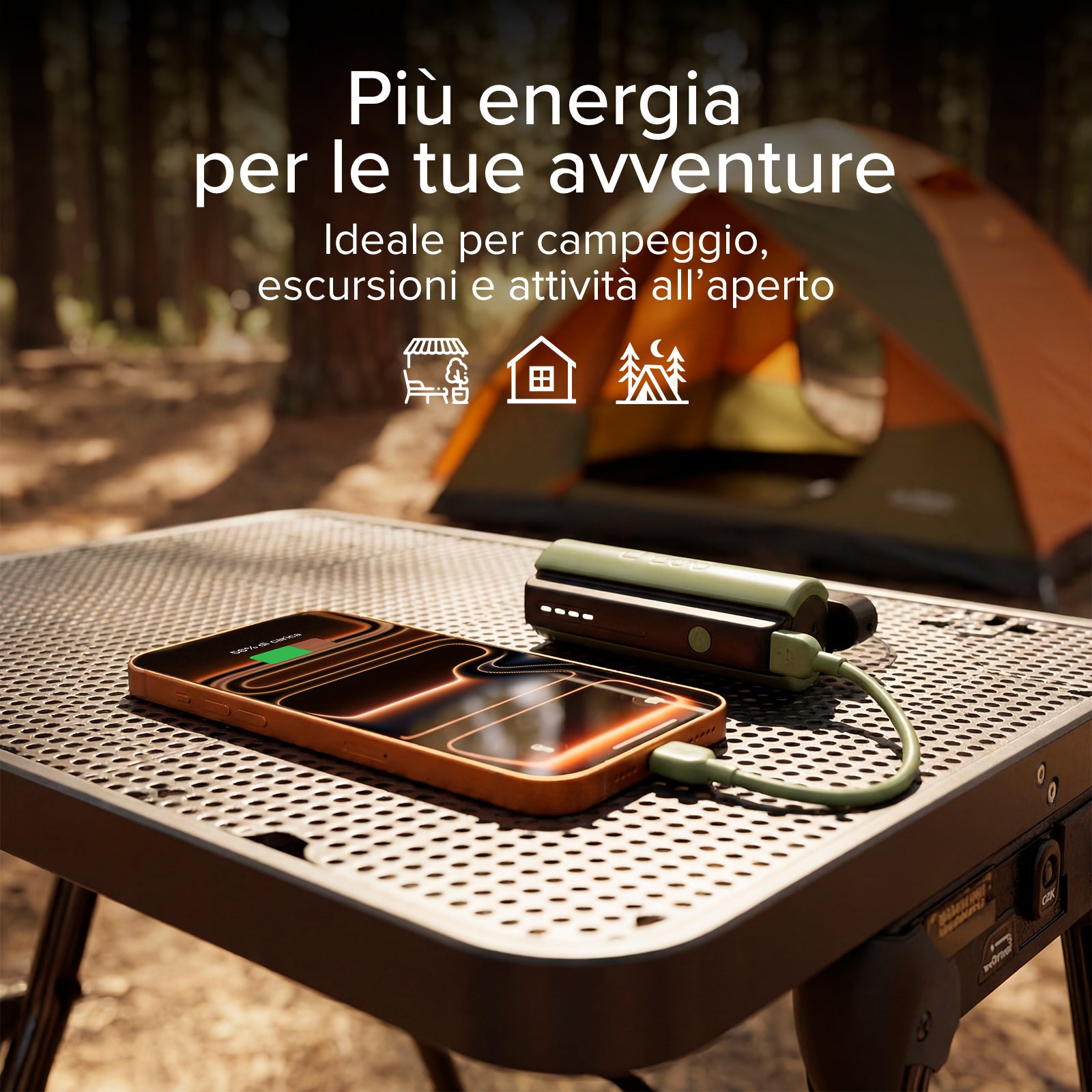 Compact 5000 mAh Power Bank with LED torch, 10 W USB-C port, USB-C cable included, ideal for camping and outdoor use