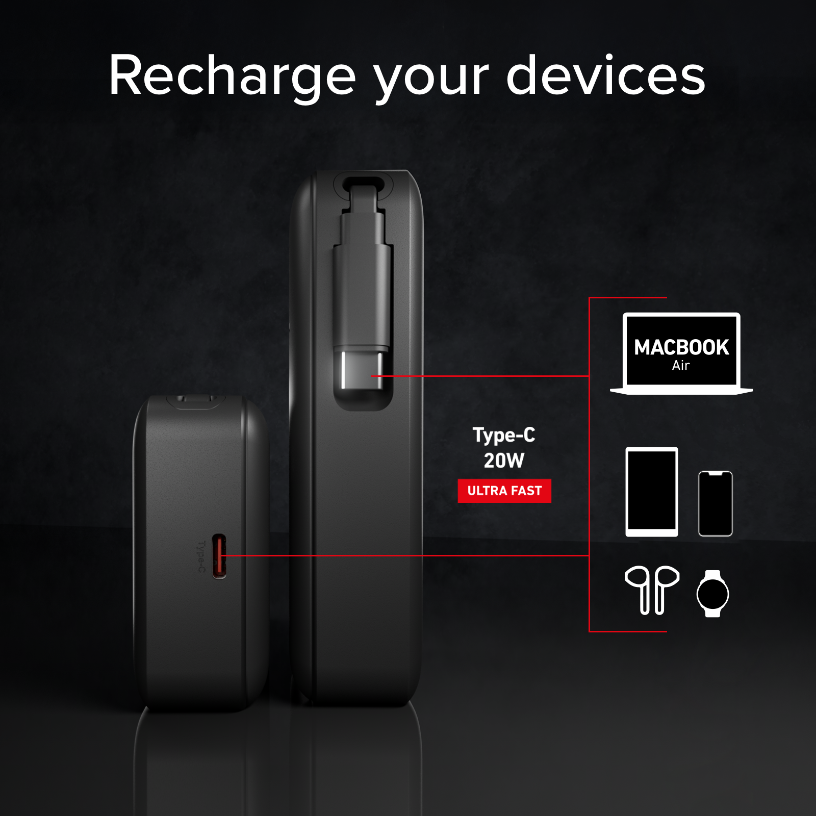 Powerbank 10.000&nbsp;mAh mit einziehbarem USB-C-Kabel und Schnellaufladung