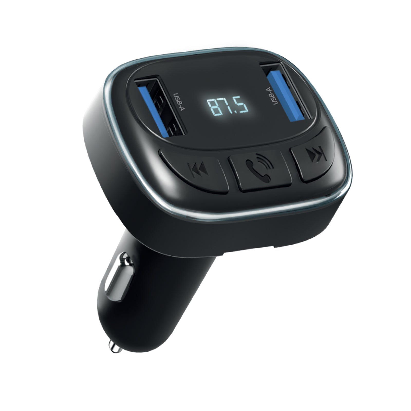10W Car Charger with Wireless FM Audio Connection and Dual USB-A Ports