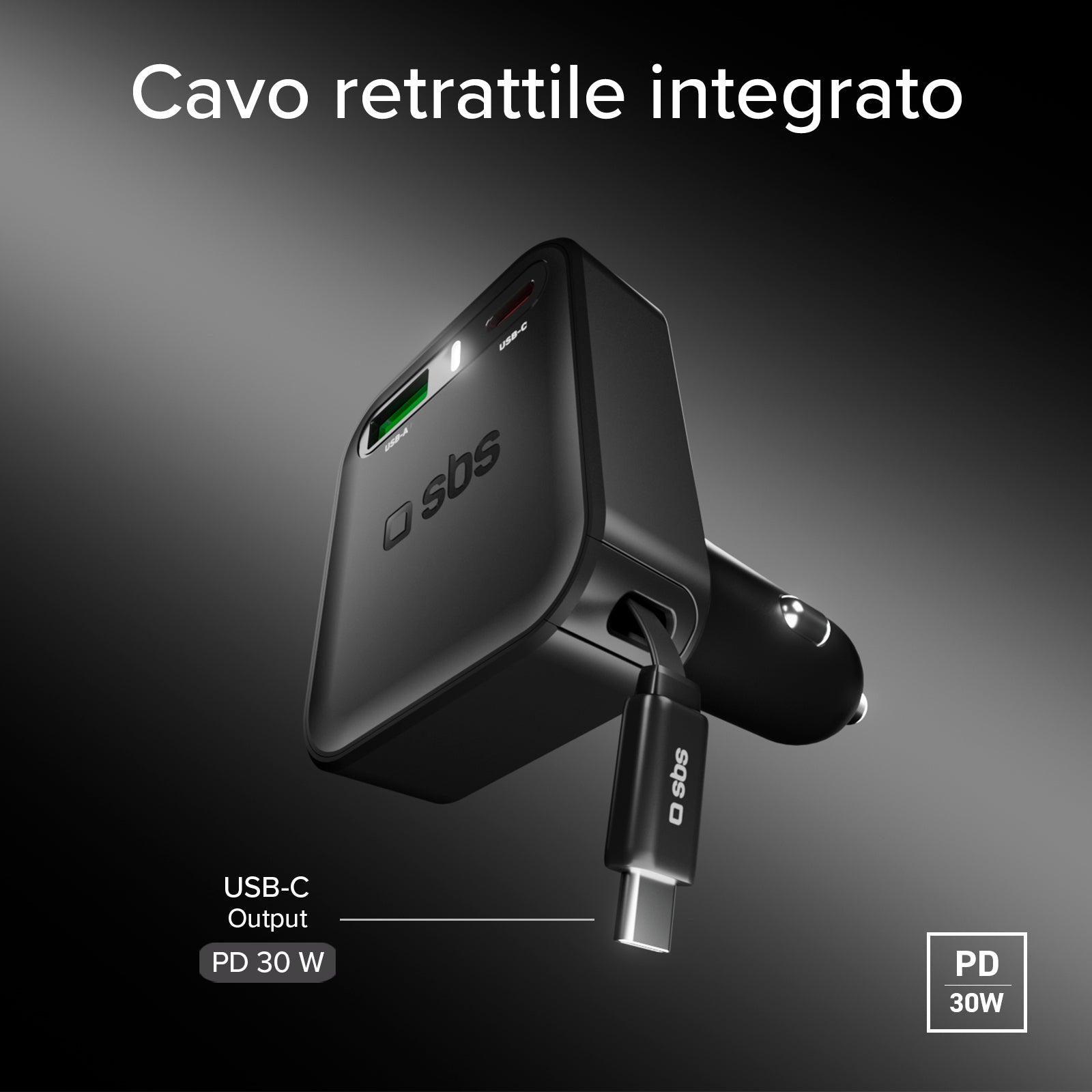 Cargador para coche con cable retráctil integrado