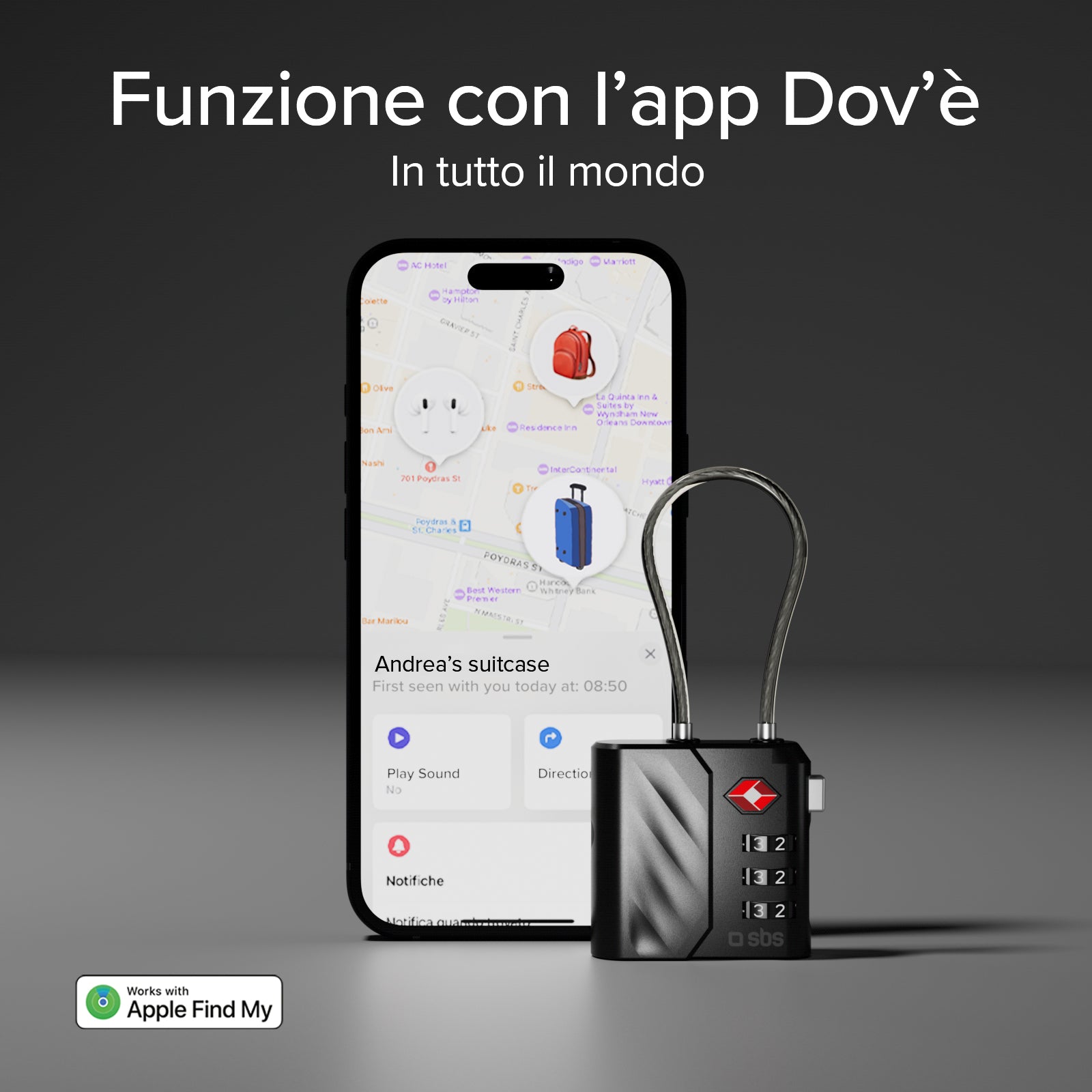 TSA lock with integrated locator for suitcases and bags compatible with Apple Find My