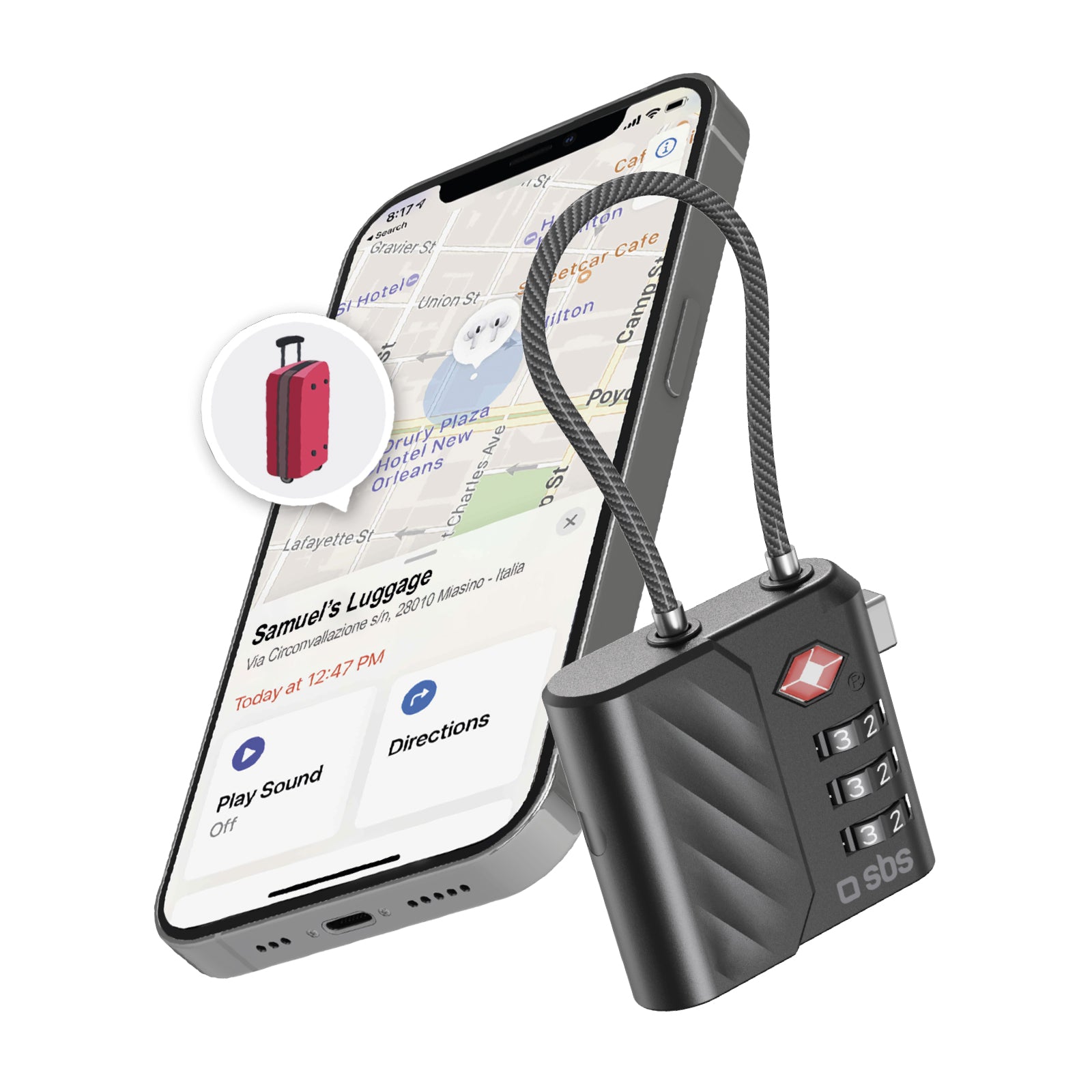 TSA lock with integrated locator for suitcases and bags