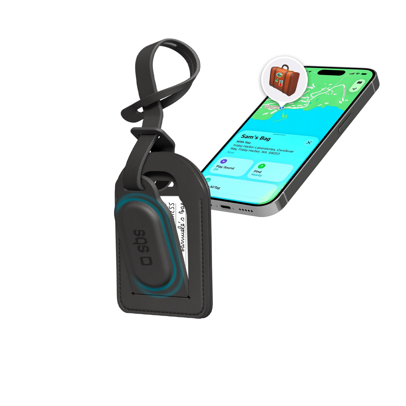 Étiquette de valise avec tracker Track My Bag, Apple Find My/Google Find Hub