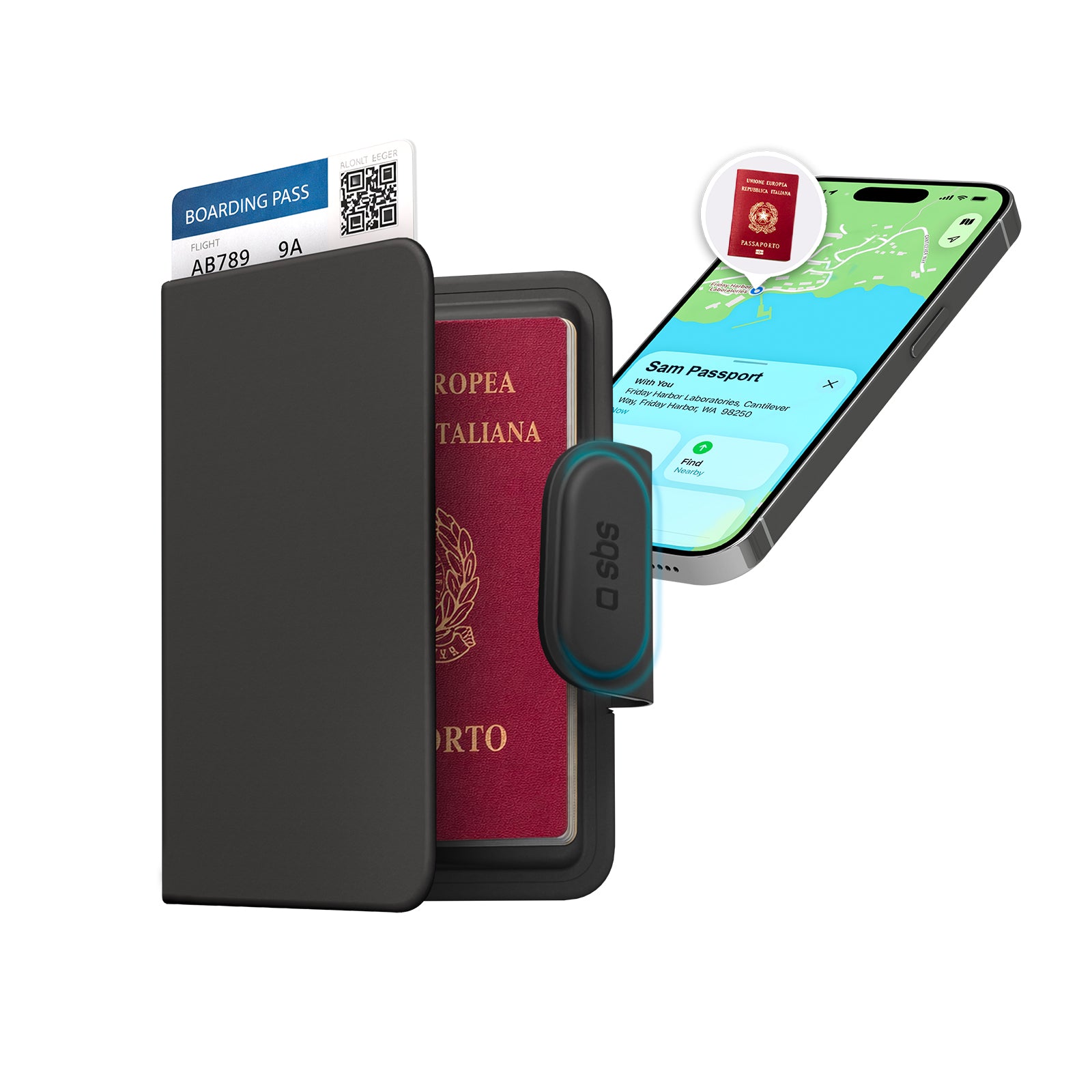 Track My Passport Reisepasshülle mit Tracker, Boarding-Pass-Fach und Kompatibilität für Apple Find My und Google Find Hub