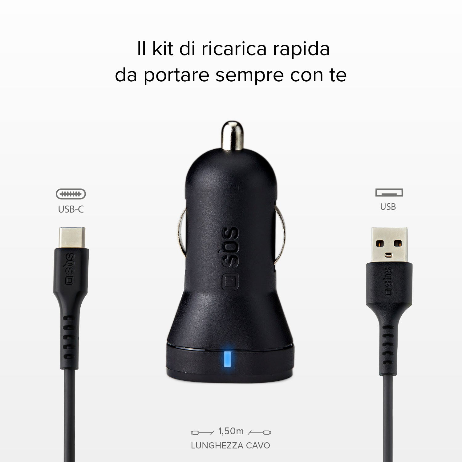 Kit caricatore auto 10 Watt - due porte USB e cavo USB e USB-C incluso