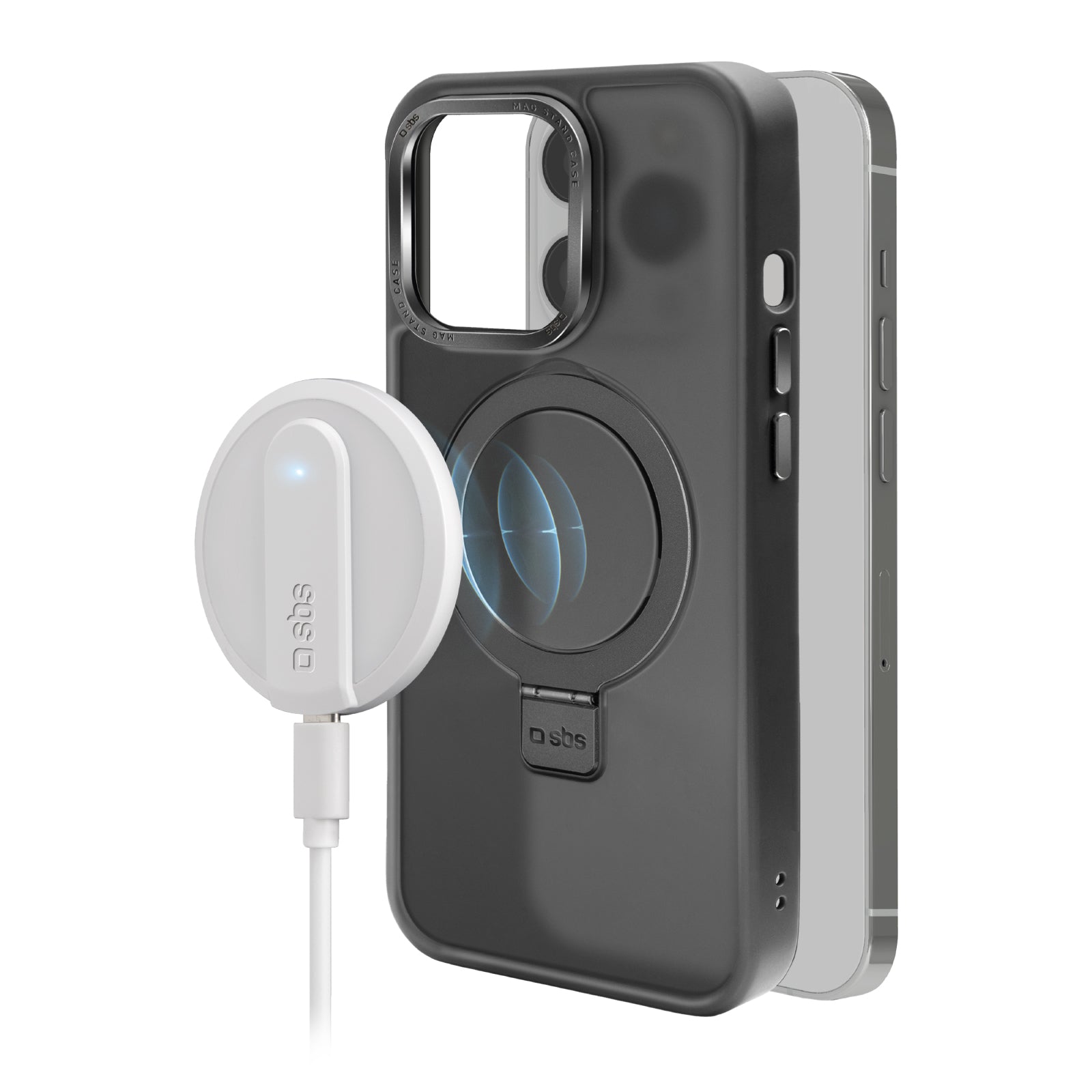 Coque compatible avec chargeur MagSafe, avec finition métal et anneau avec fonction support pour iPhone 14 Pro