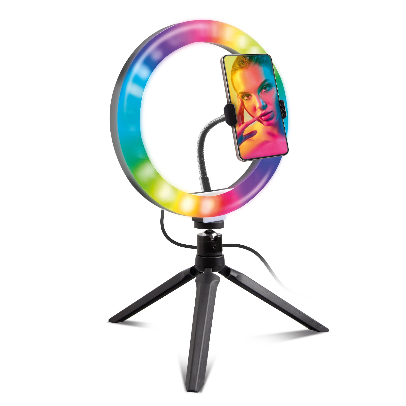 Mehrfarbiger LED-Ring mit Stativ für Fotos und Videos