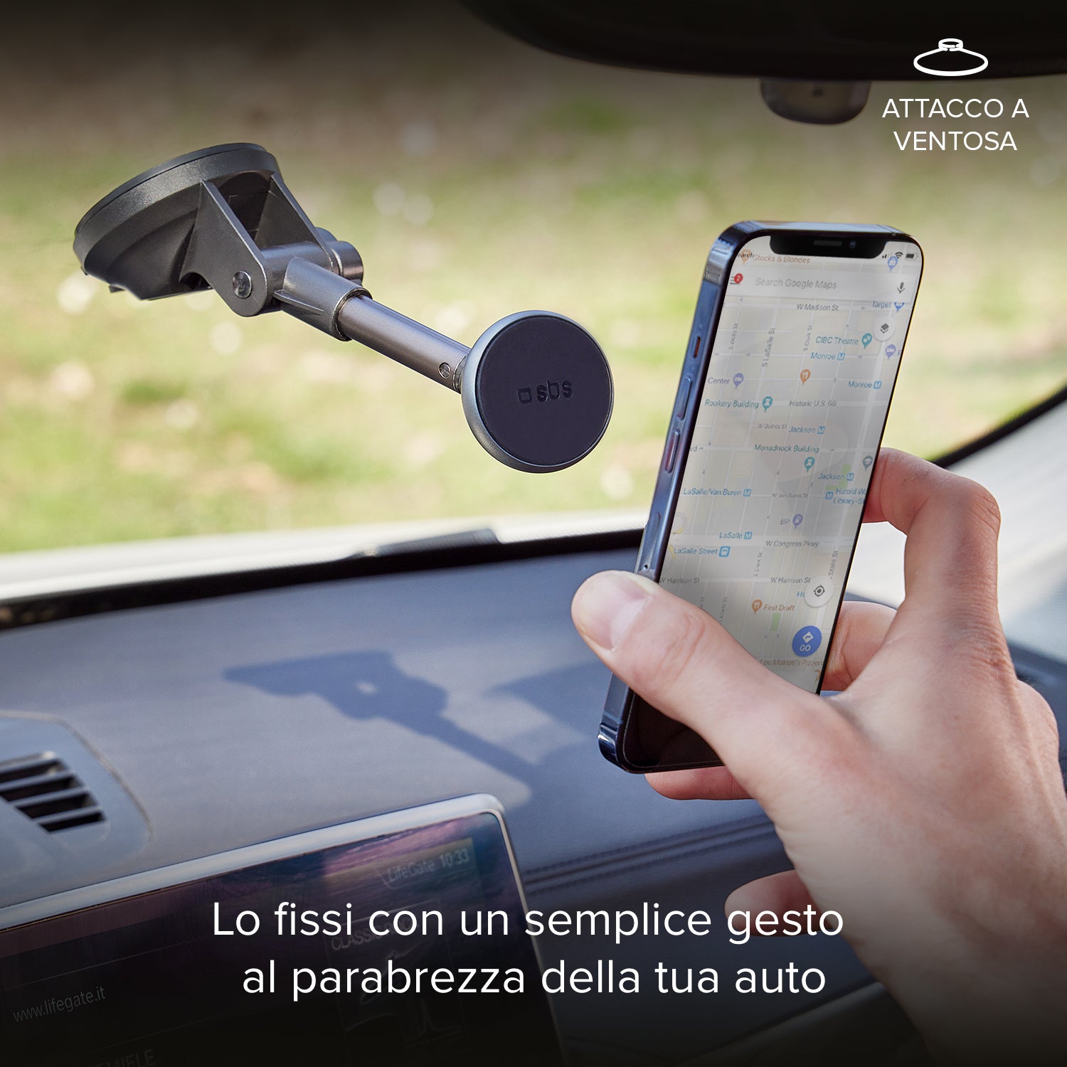 Supporto auto magnetico per telefono con asta telescopica e fissaggio a ventosa