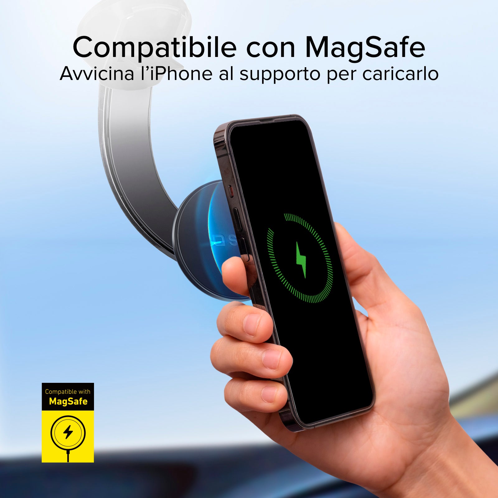 Supporto auto a ventosa per smartphone con ricarica wireless