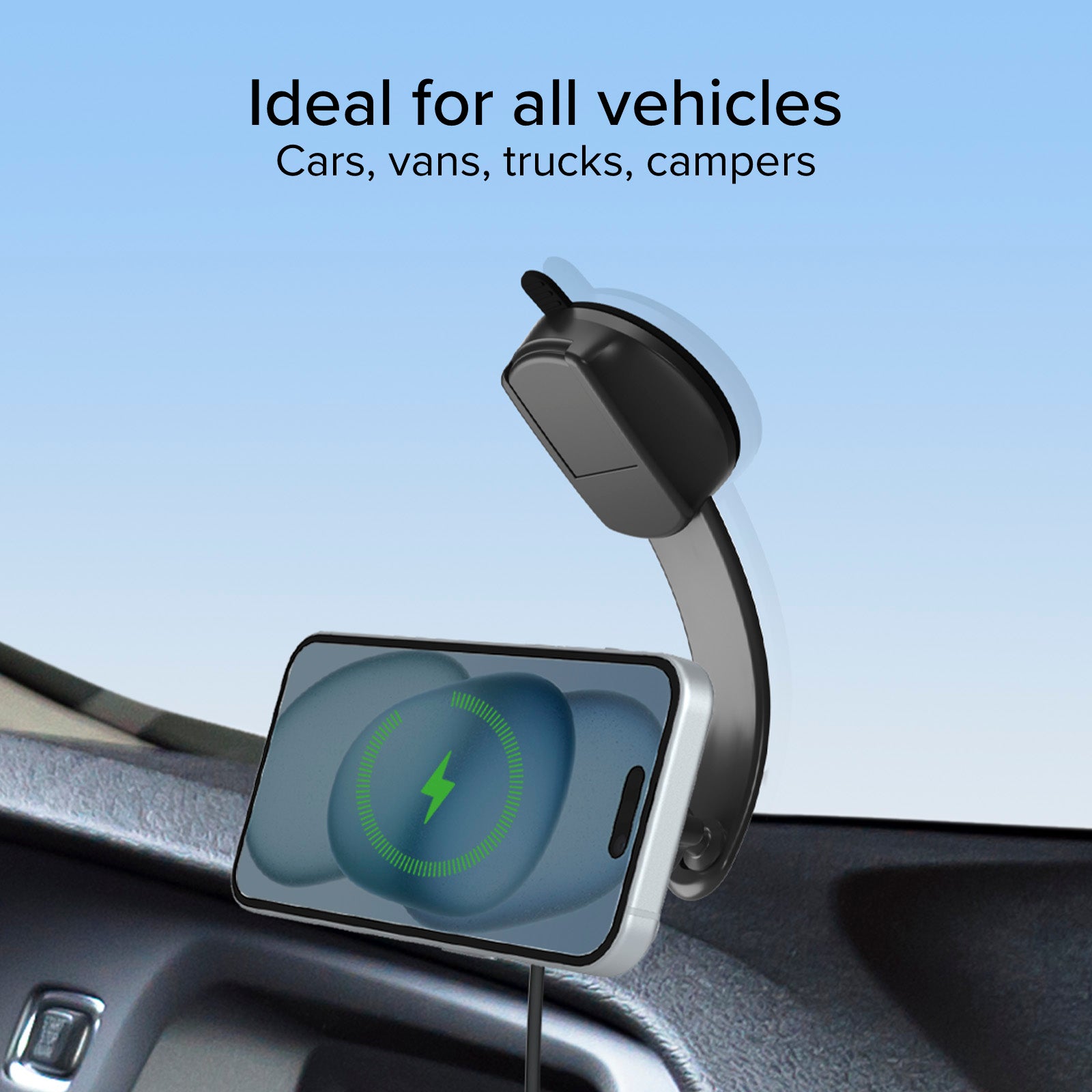 Suction cup car holder for smartphones with wireless charging