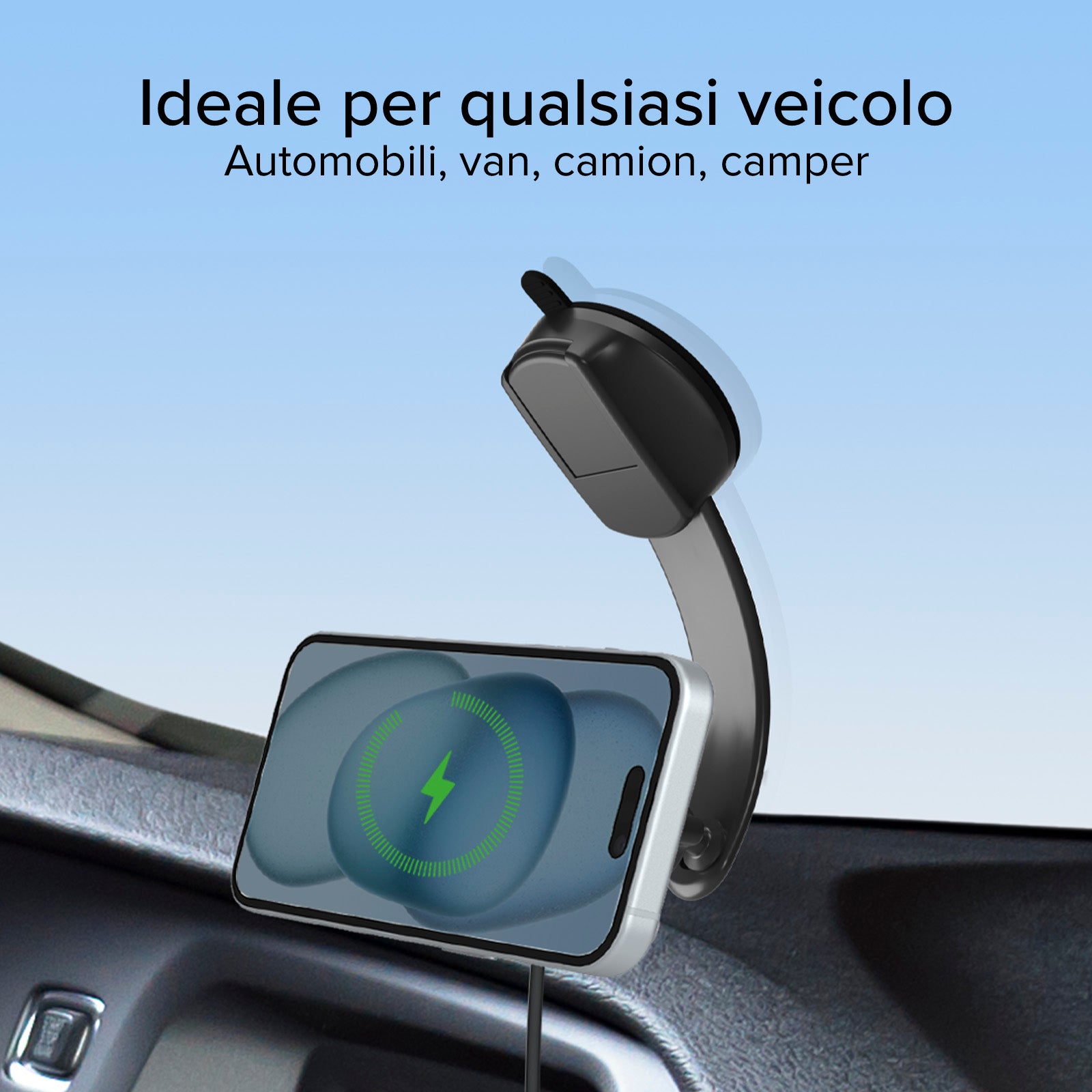 Suction cup car holder for smartphones with wireless charging