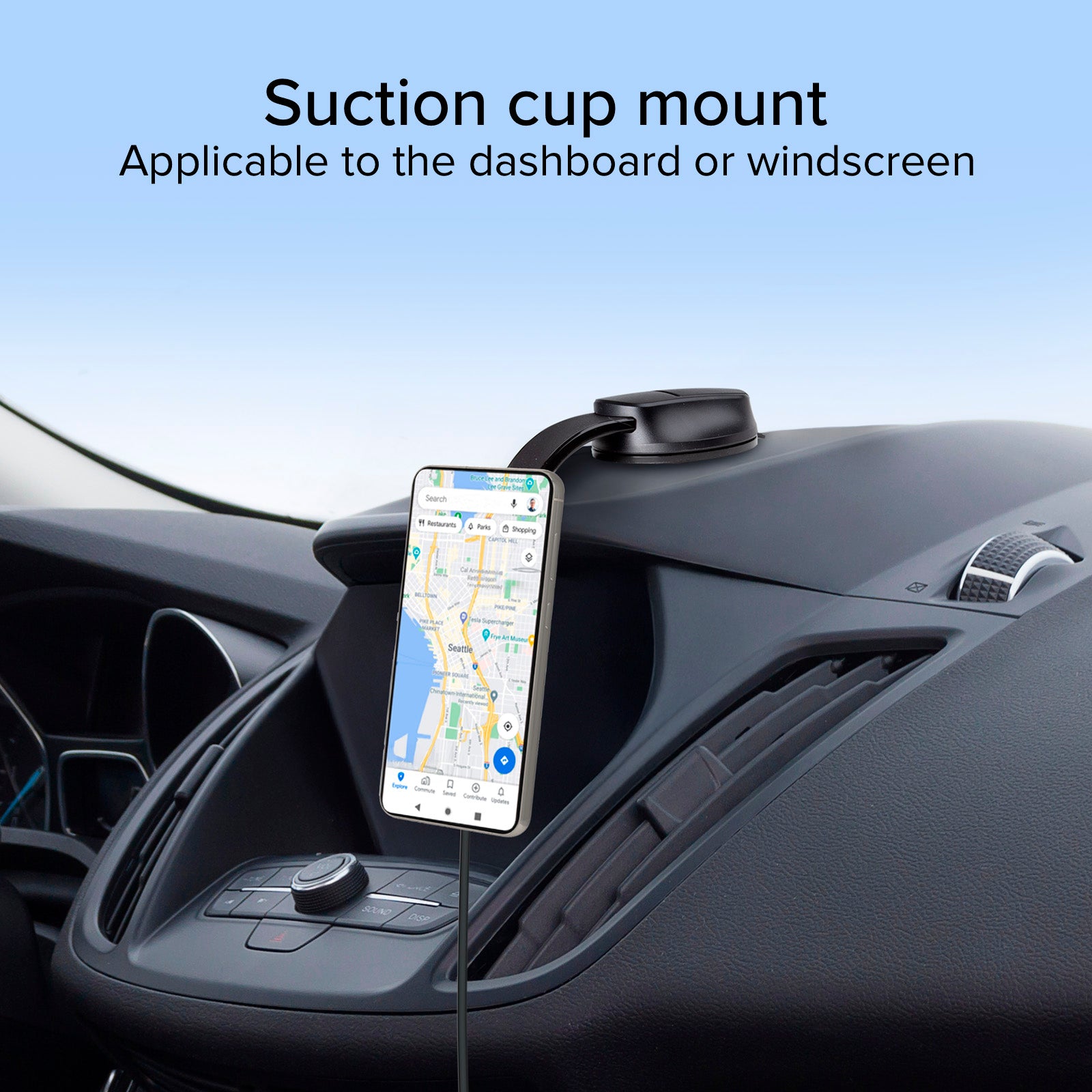 Suction cup car holder for smartphones with wireless charging