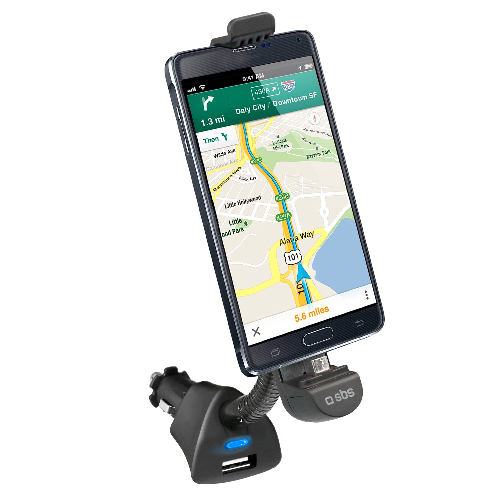 Car holder charger with micro USB connector and USB port for smartphone up to 5,5"