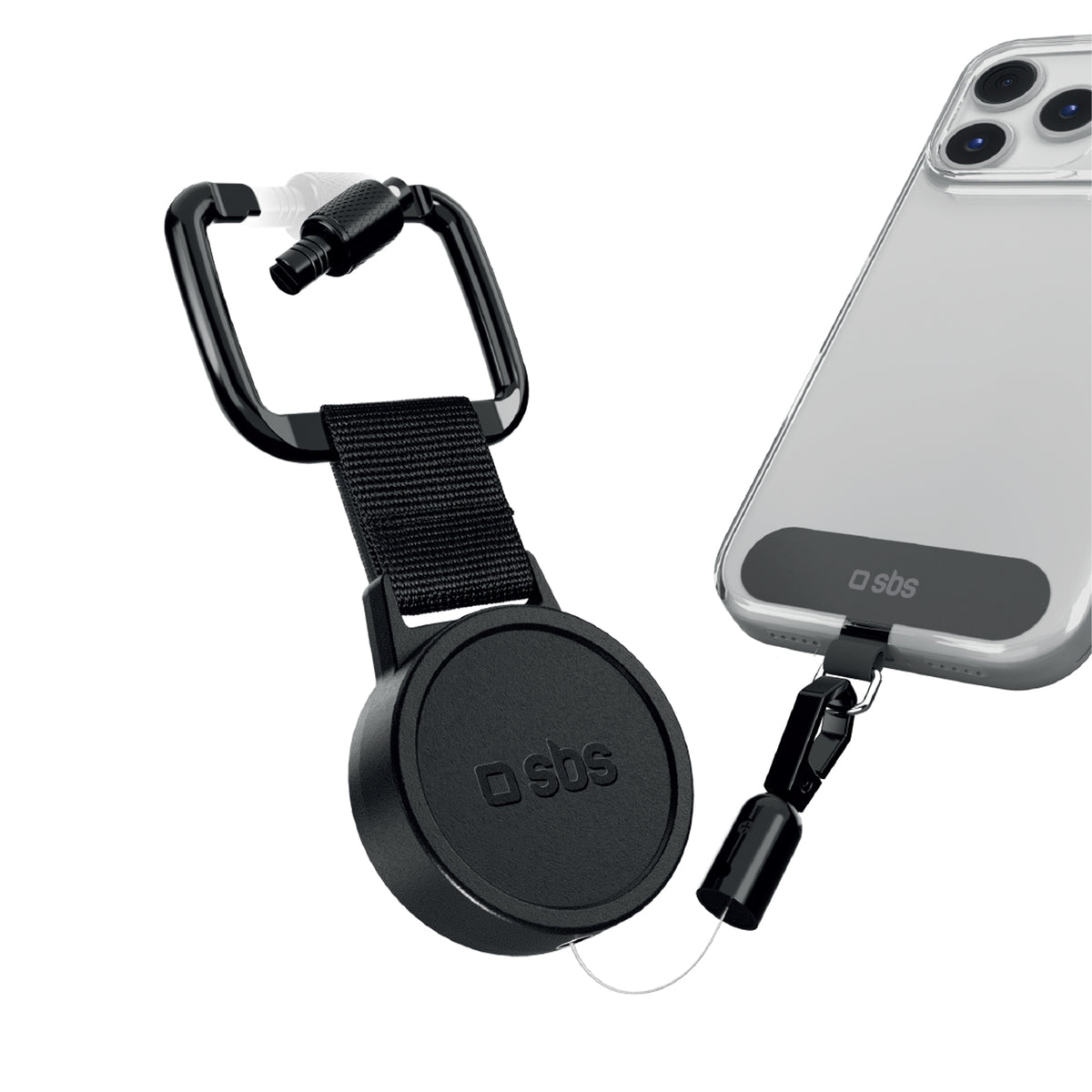 Diebstahlsicherungsband für Smartphones mit 90 cm ausziehbarem Stahlkabel, Sicherheitskarabiner und Universal-Patch