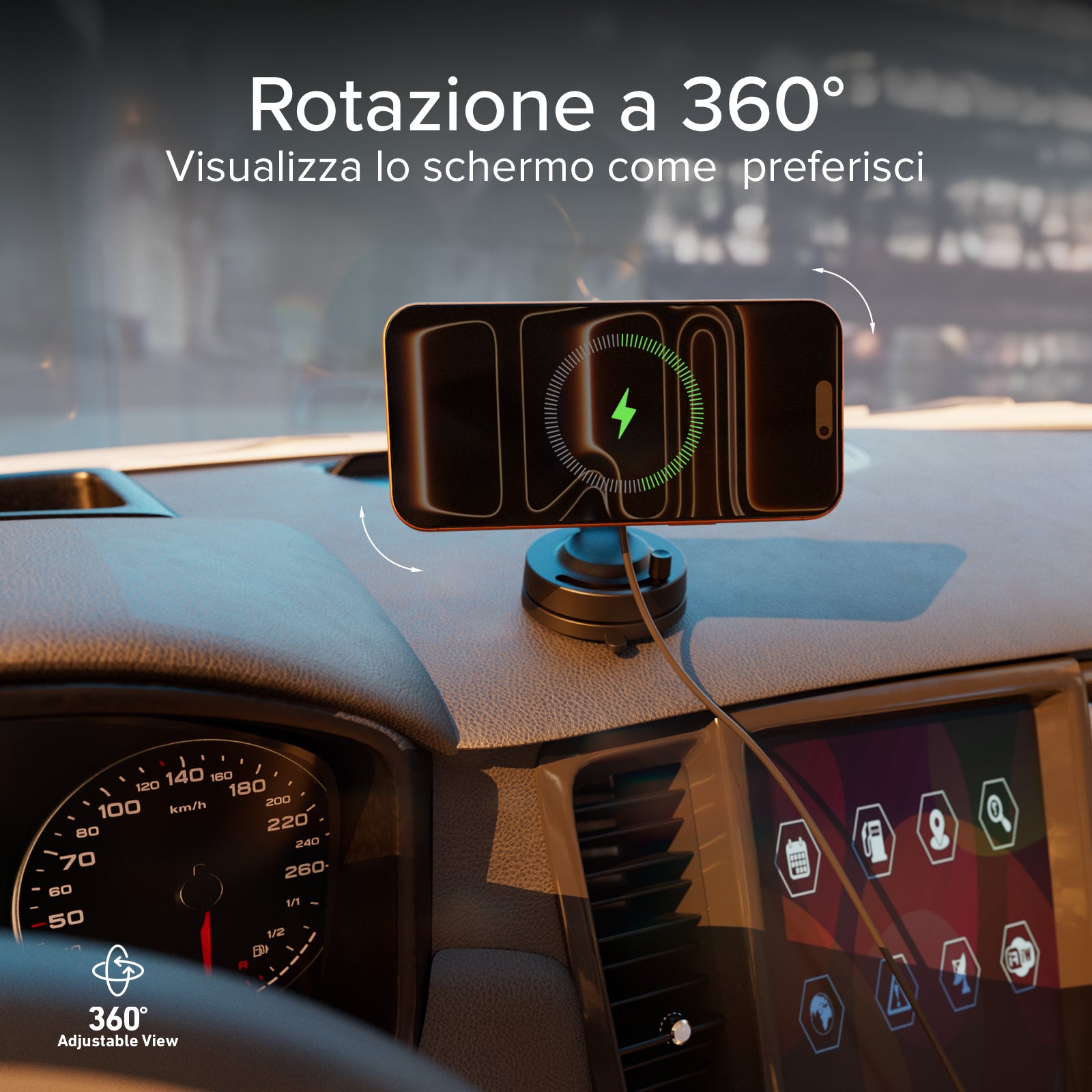 Supporto auto magnetico wireless 15W con ventosa e rotazione 360°