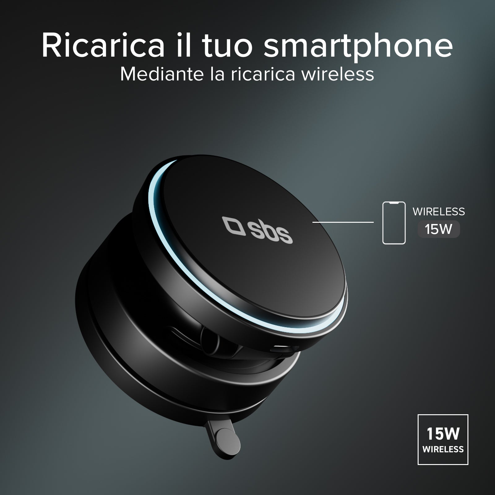 Supporto auto magnetico wireless 15W con ventosa e rotazione 360°