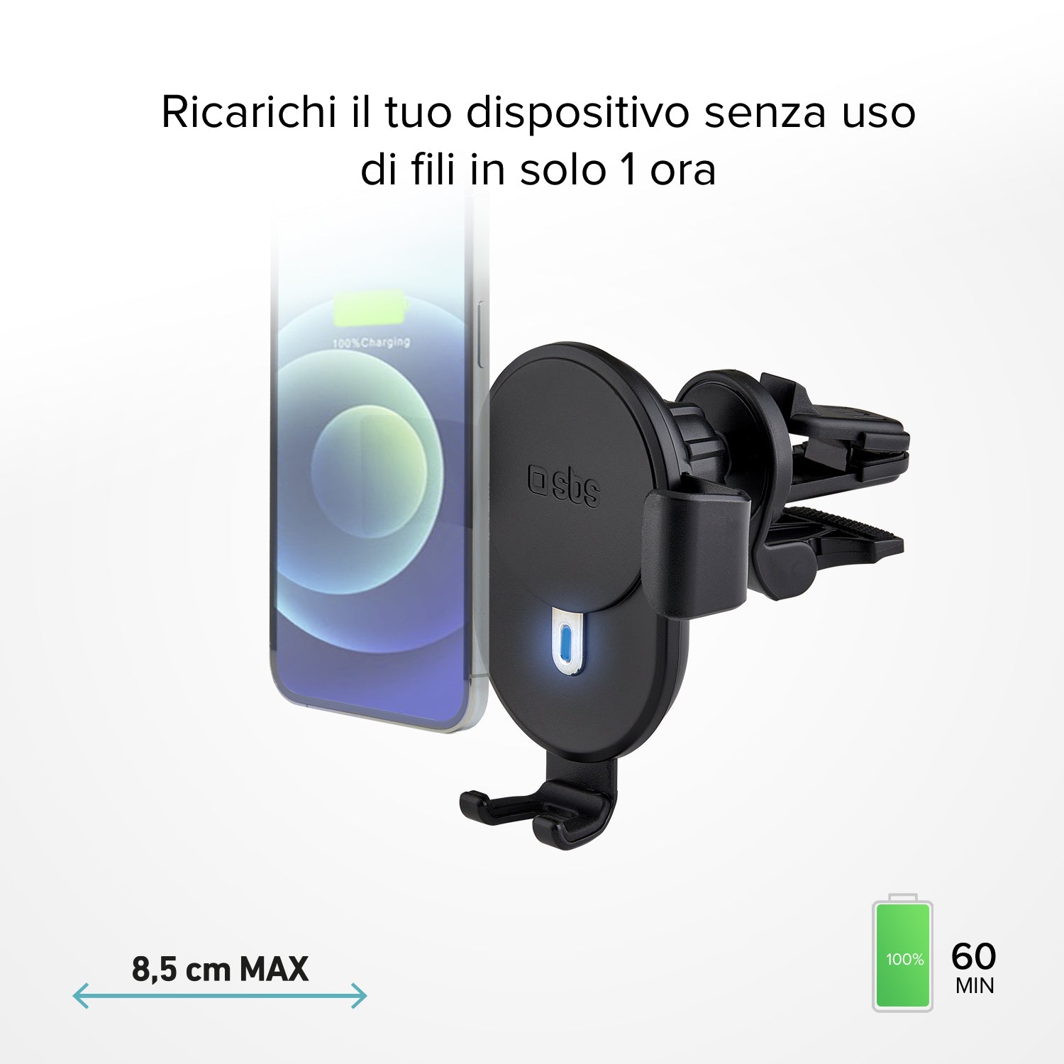 Supporto auto per telefono con ricarica rapida Wireless e meccanismo a gravità
