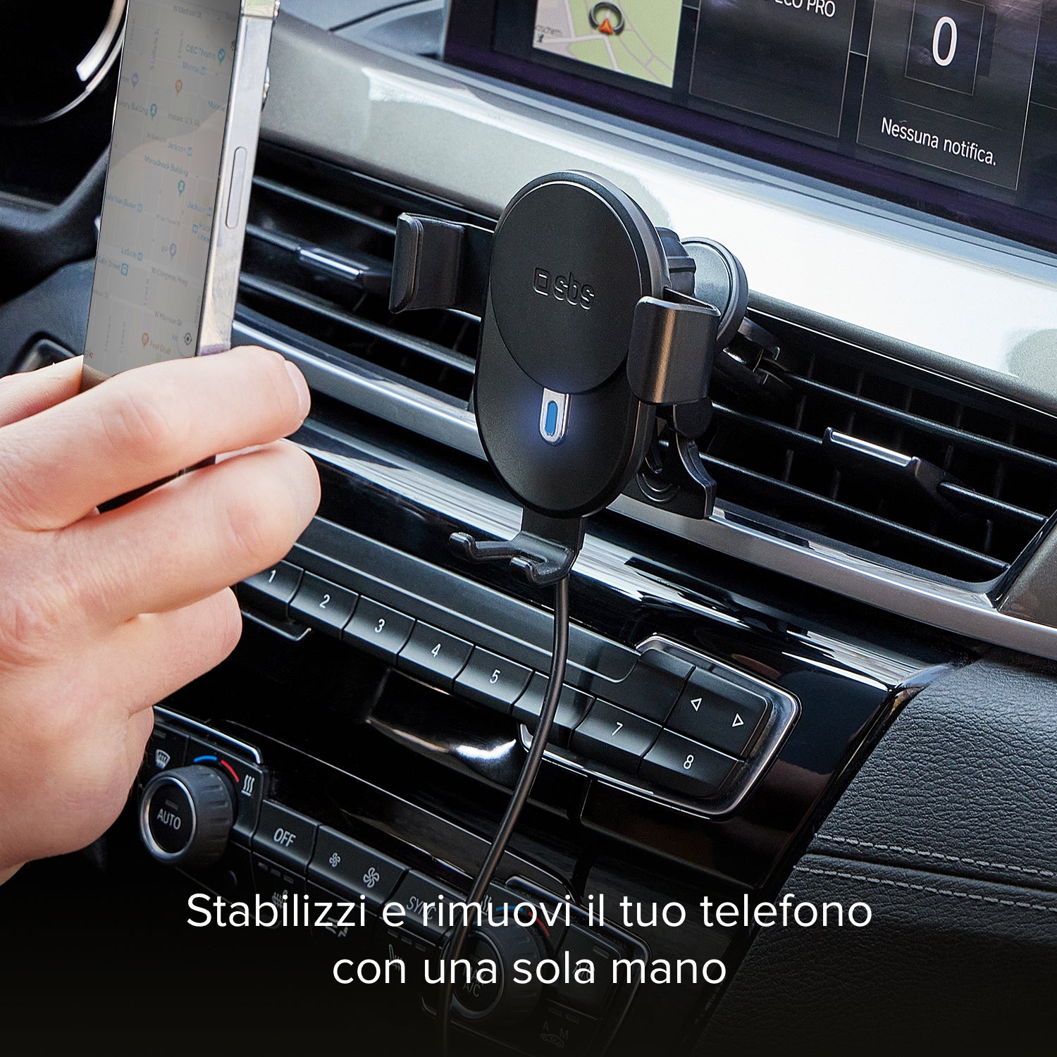 Supporto auto per telefono con ricarica rapida Wireless e meccanismo a gravità