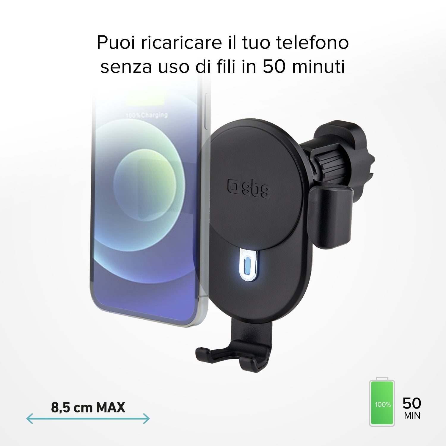 Supporto auto per telefono con ricarica rapida Wireless e meccanismo a gravità