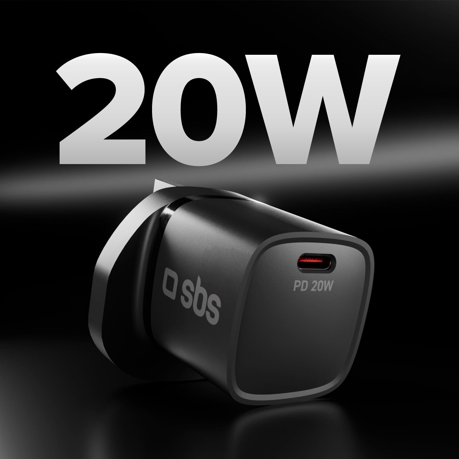 Charger with USB-C port, 20W power, and UK plug