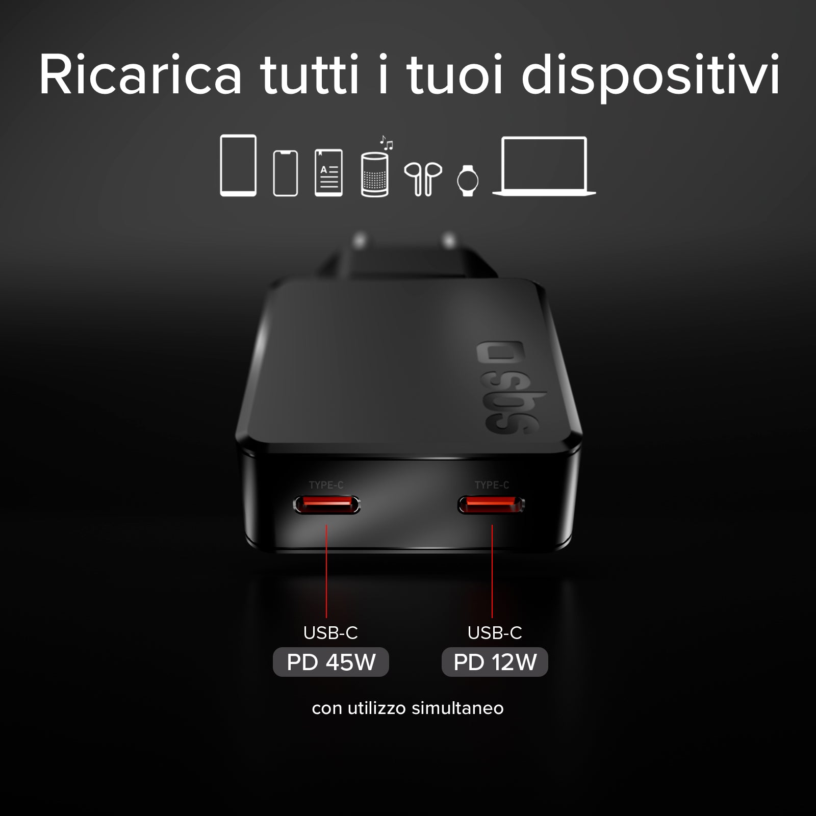 Caricatore Muro USB-C 65W Con Doppia Porta PD – Compatibile Con Laptop, Tablet, Orologi E Viaggi Internazionali (UE/USA)