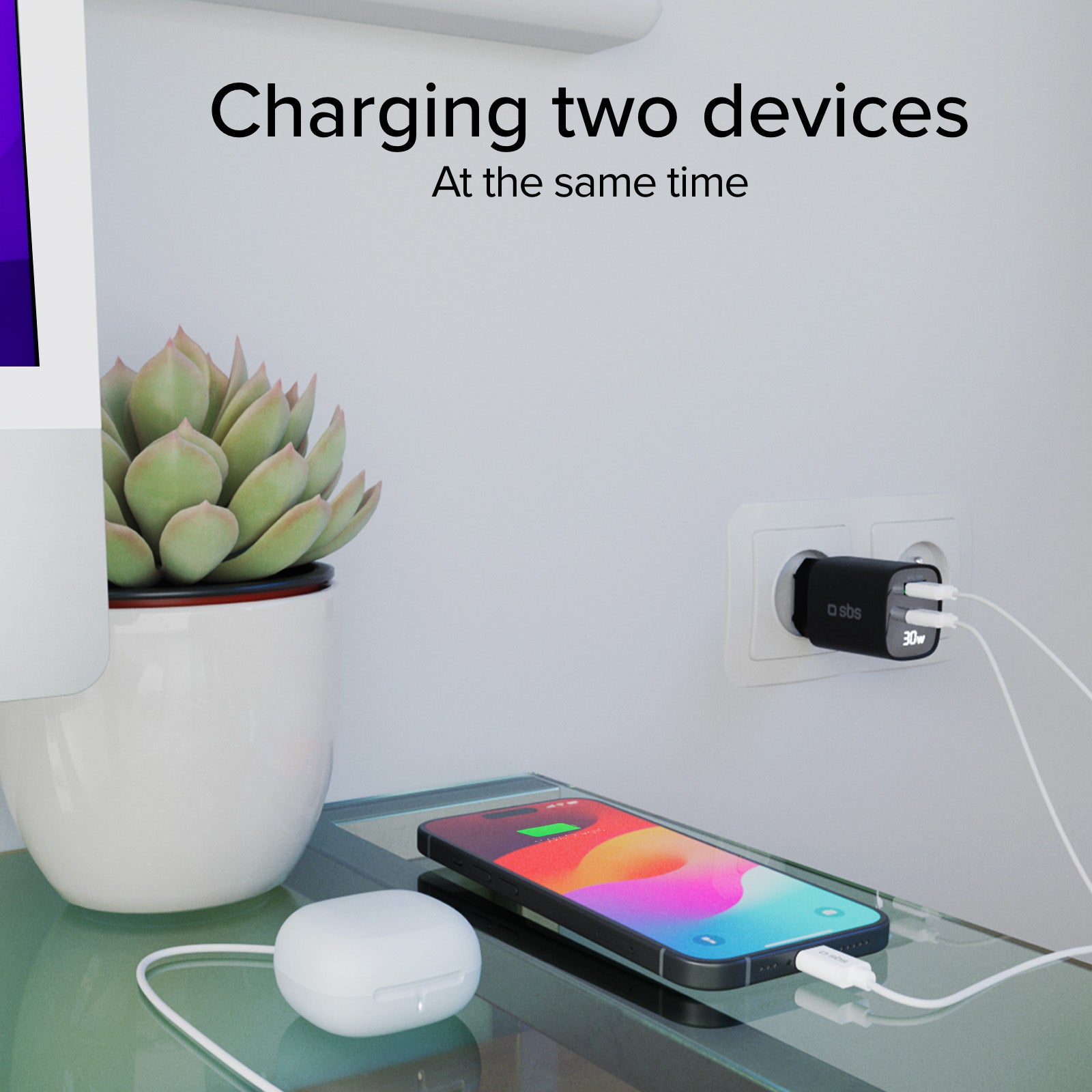 Cargador de pared con pantalla LCD, 1 salida USB-C PD de 30 W, 1 salida USB-A de 18 W