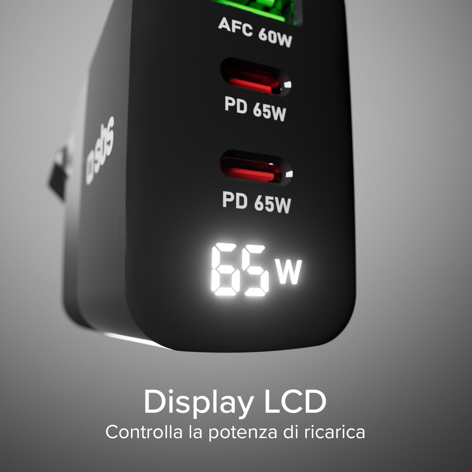 Caricabatterie 65W, display LCD, 2 Uscite USB-C PD, 1 USB-A Adaptive Fast Charge