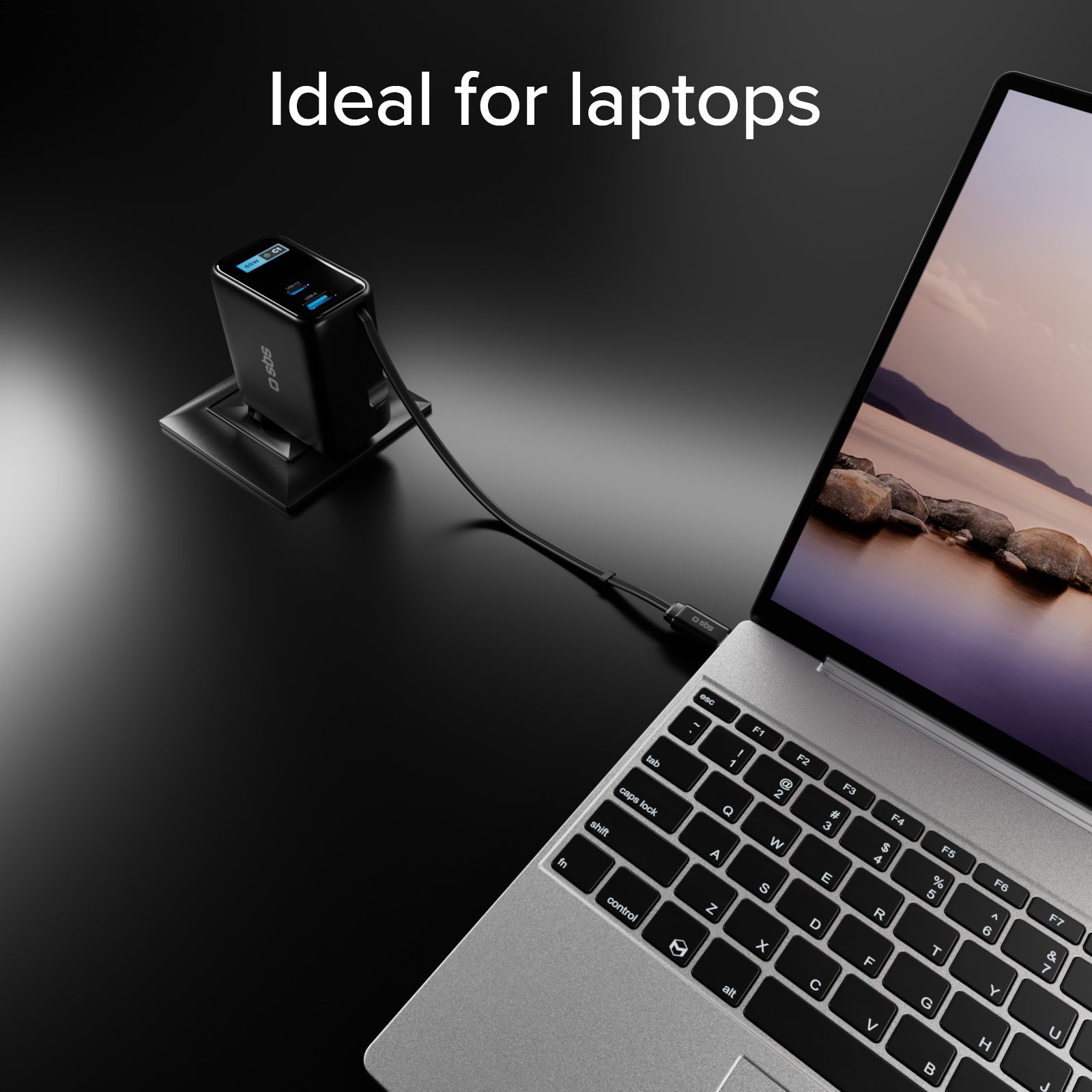 Cargador de 100W con puerto USB-C, USB-A, cable USB-C retráctil y pantalla integrada