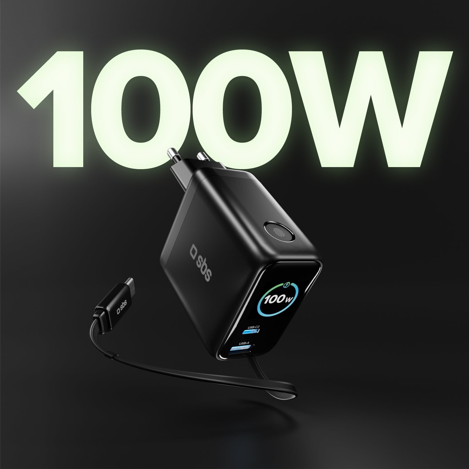 100W wall-charger with USB-C port, USB-A port, extendable USB-C cable and integrated display