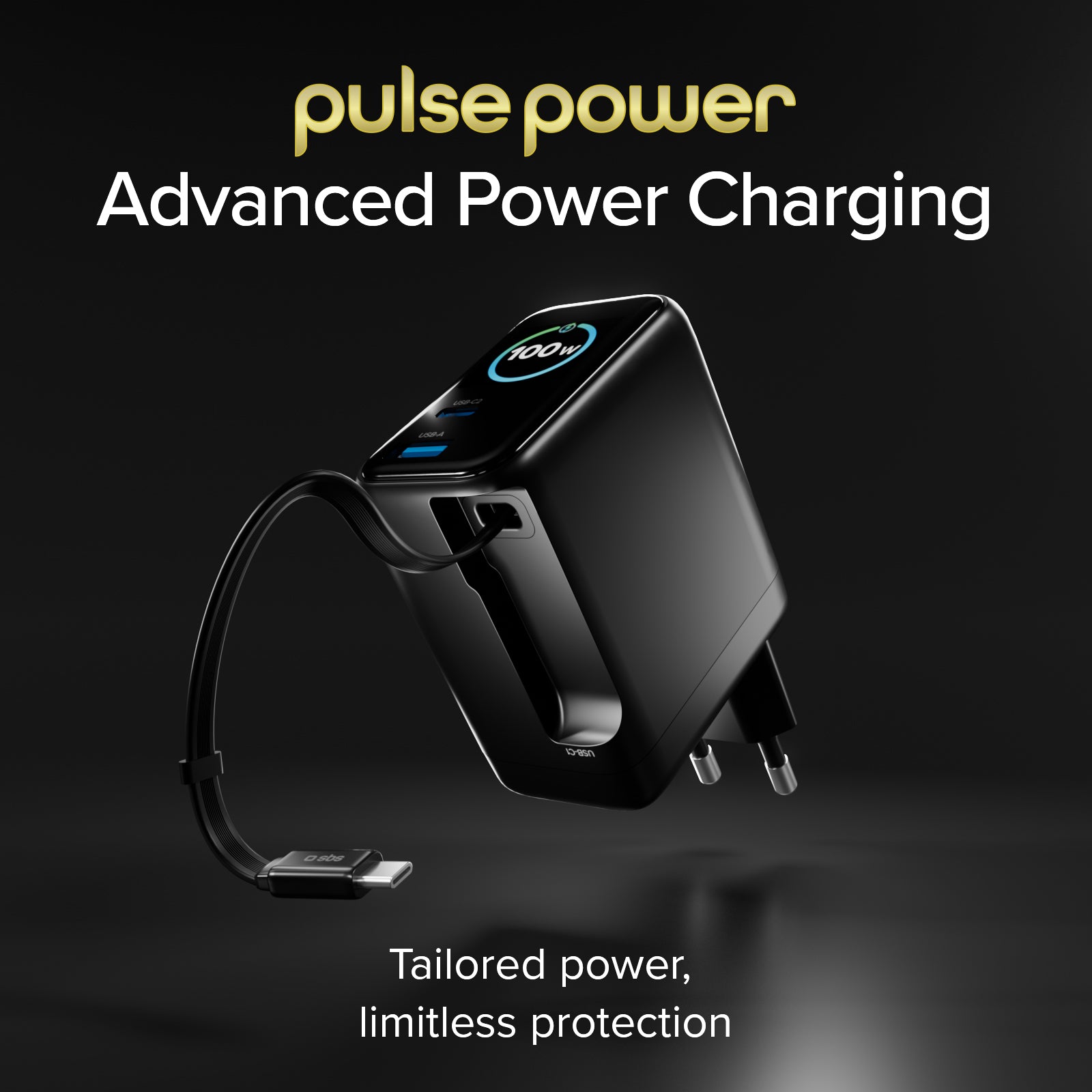 Cargador de 100W con puerto USB-C, USB-A, cable USB-C retráctil y pantalla integrada