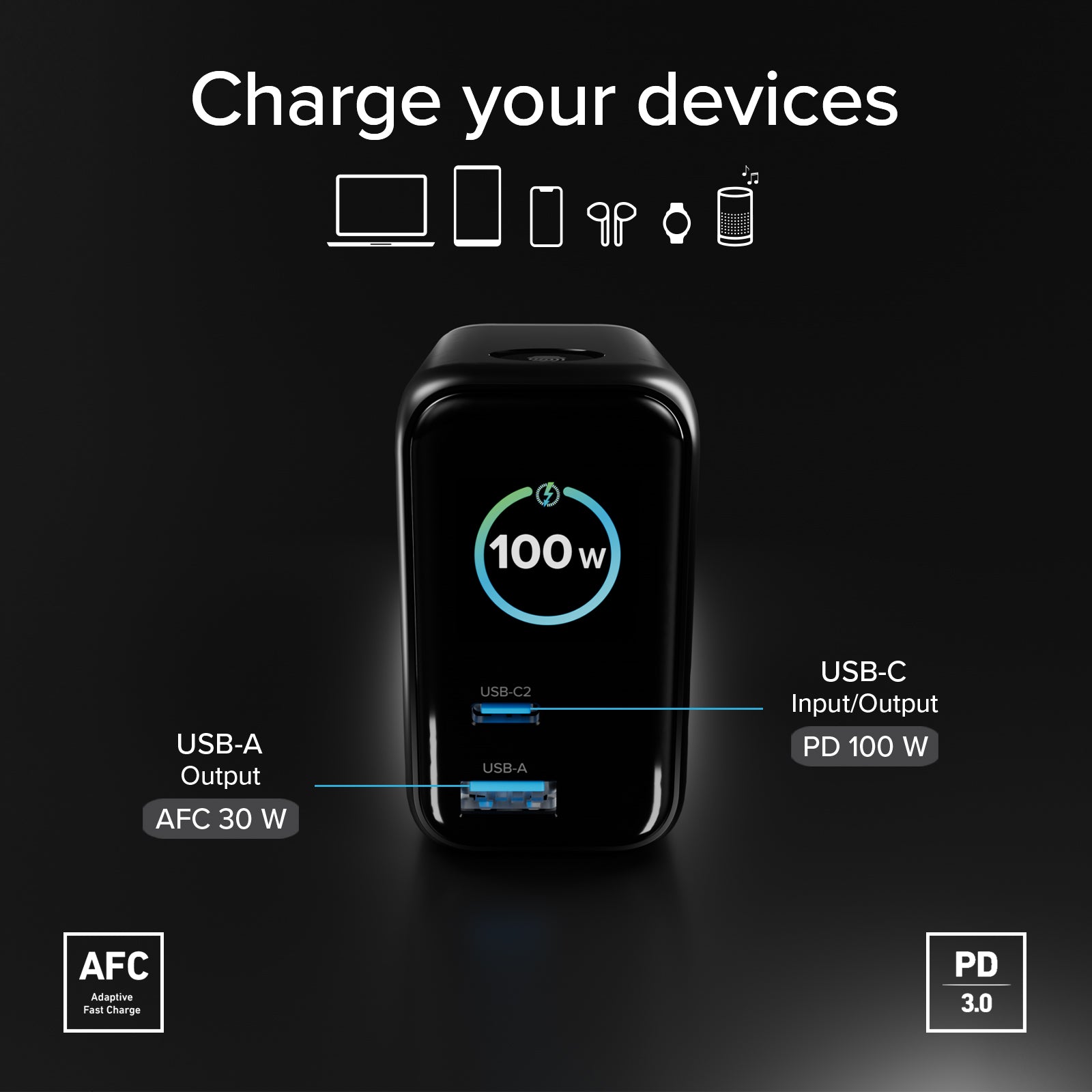 Cargador de 100W con puerto USB-C, USB-A, cable USB-C retráctil y pantalla integrada