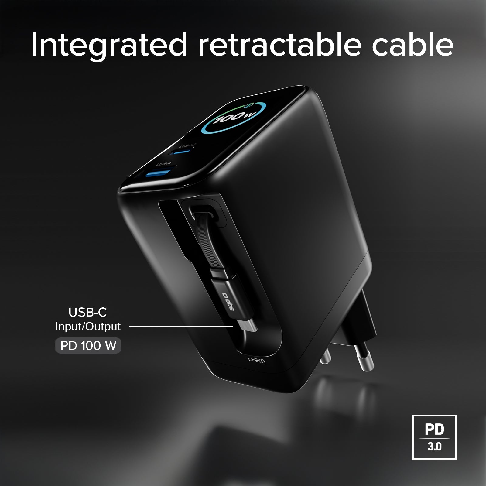 Cargador de 100W con puerto USB-C, USB-A, cable USB-C retráctil y pantalla integrada
