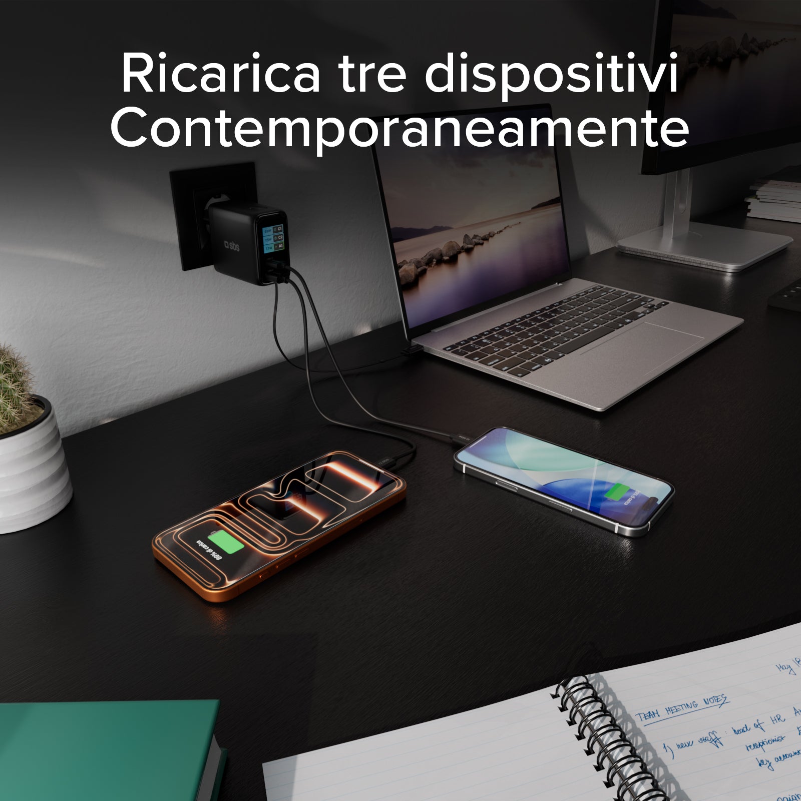 Cargador de 100W con puerto USB-C, USB-A, cable USB-C retráctil y pantalla integrada