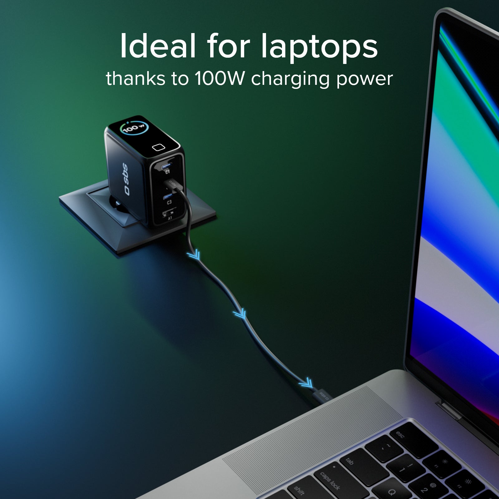 100 W USB-C charger with TFT display and 4 ports to quickly charge smartphones, tablets, laptops