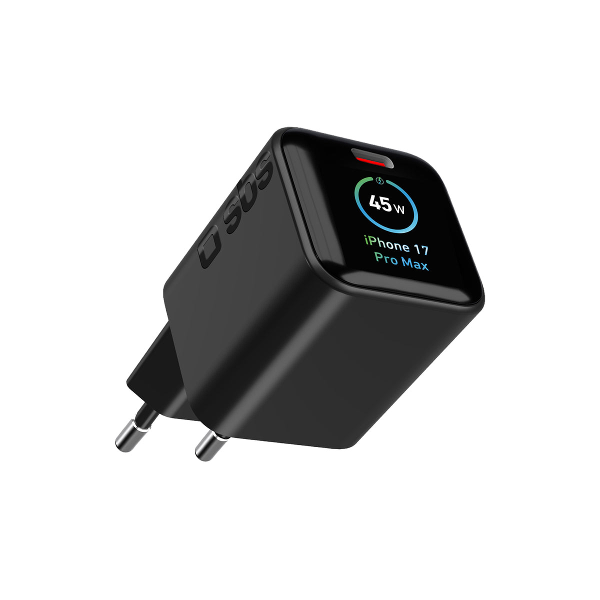 Caricatore da parete USB-C 45W, semiconduttori GaN, tecnologie Power Delivery 3.2 e AVS, con display touch e rilevamento iPhone